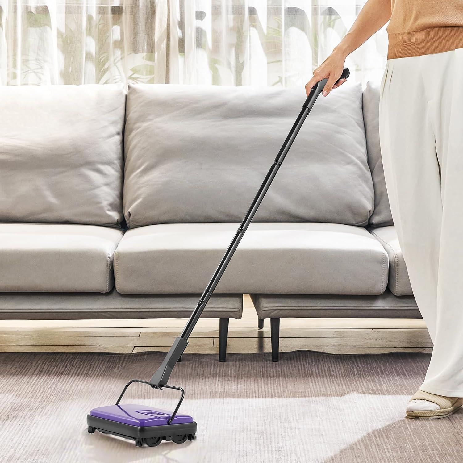 imageVEVOR Carpet Sweeper Manual Floor Sweeper with 300 ml Dustbin Capacity Easy to Empty for Home Office Carpets Pet Hair Dust BlackPurple