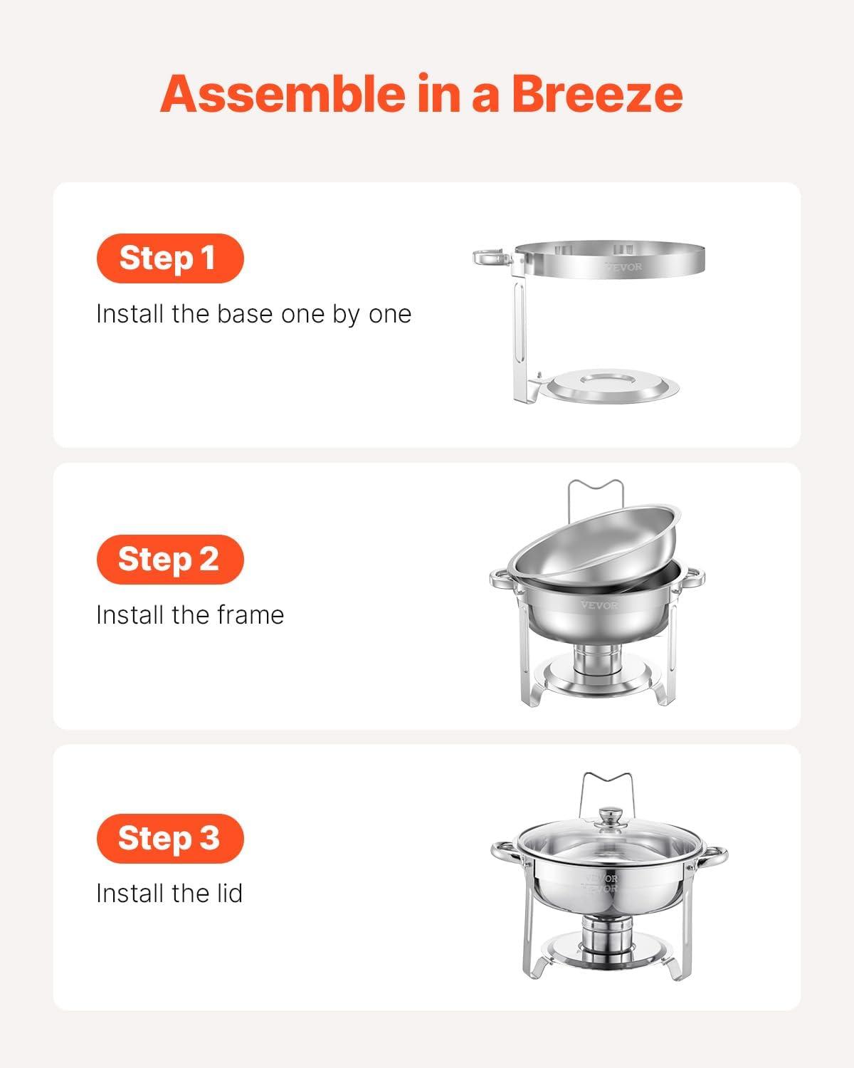 imageVEVOR Chafing Dish Buffet Set 5 Qt 4 Pack Stainless Steel Chafer with 4 Full Size Pan Round Catering Warmer Server with Glass Lid Water Pan Folding Stand Fuel Holder for Wedding Banquet GoldSilver