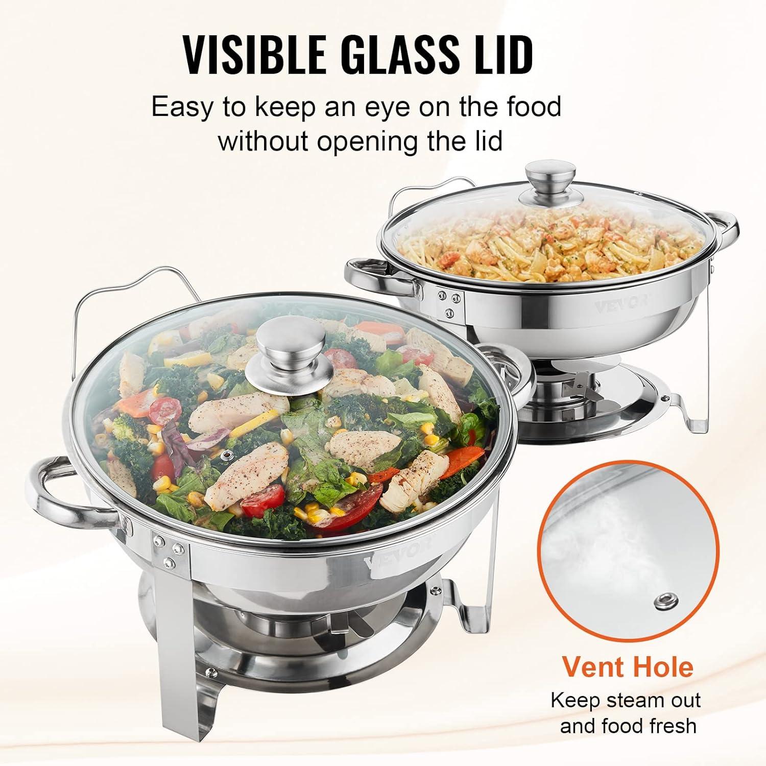 imageVEVOR Chafing Dish Buffet Set 5 Qt 4 Pack Stainless Steel Chafer with 4 Full Size Pan Round Catering Warmer Server with Glass Lid Water Pan Folding Stand Fuel Holder for Wedding Banquet GoldSilver