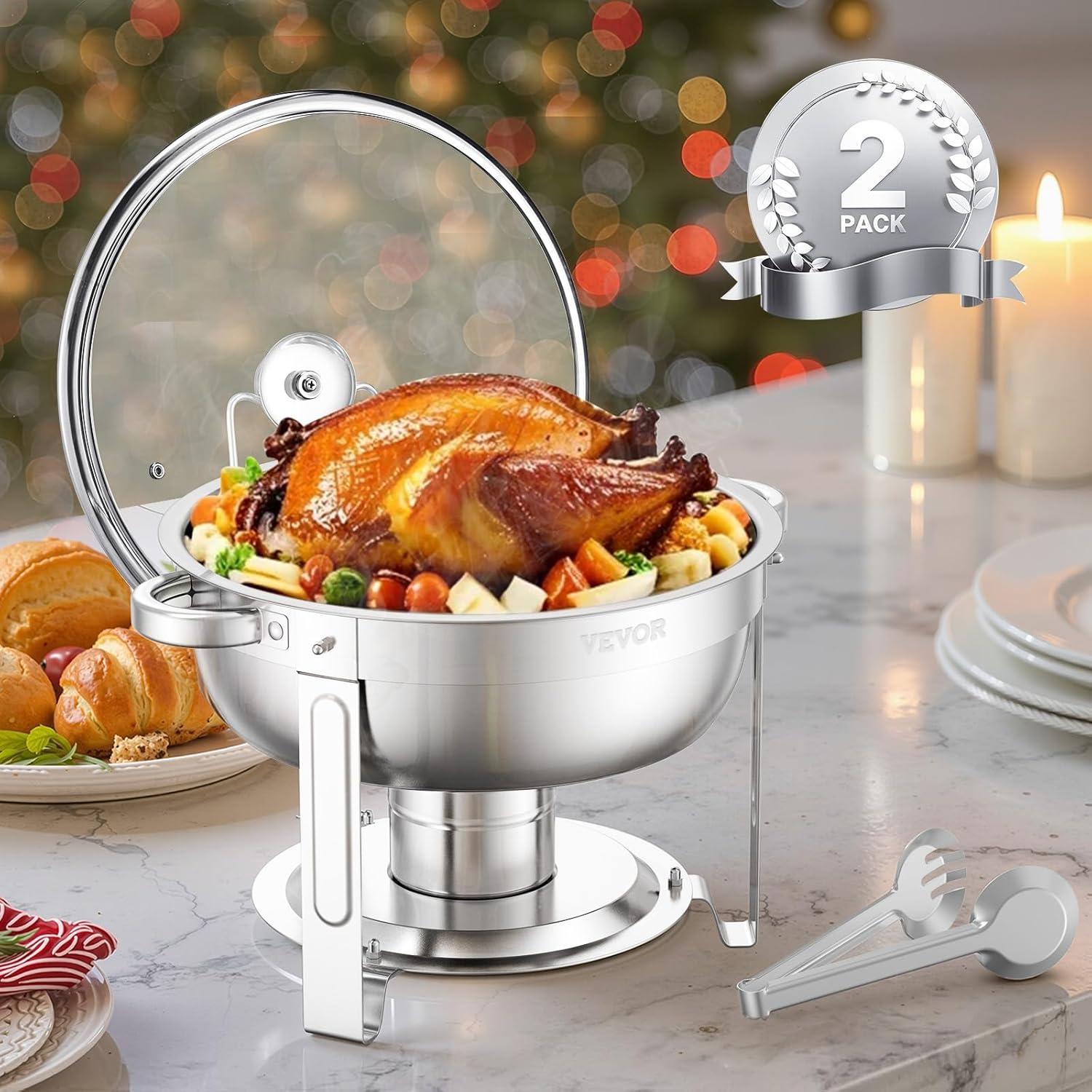 imageVEVOR Chafing Dish Buffet Set 5 Qt 4 Pack Stainless Steel Chafer with 4 Full Size Pan Round Catering Warmer Server with Glass Lid Water Pan Folding Stand Fuel Holder for Wedding Banquet GoldSilverwhite