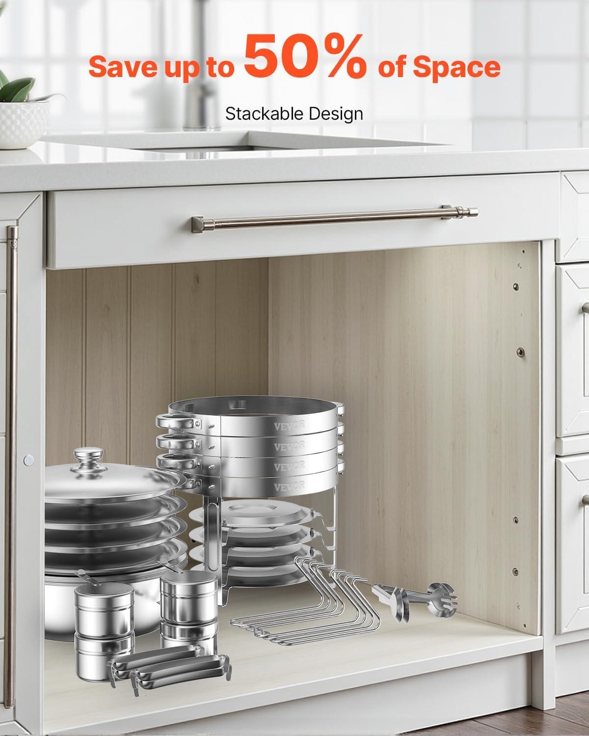 imageVEVOR Chafing Dish Buffet Set 5 Qt 4 Pack Stainless Steel Chafer with 4 Full Size Pan Round Catering Warmer Server with Glass Lid Water Pan Folding Stand Fuel Holder for Wedding Banquet GoldSilverwhite