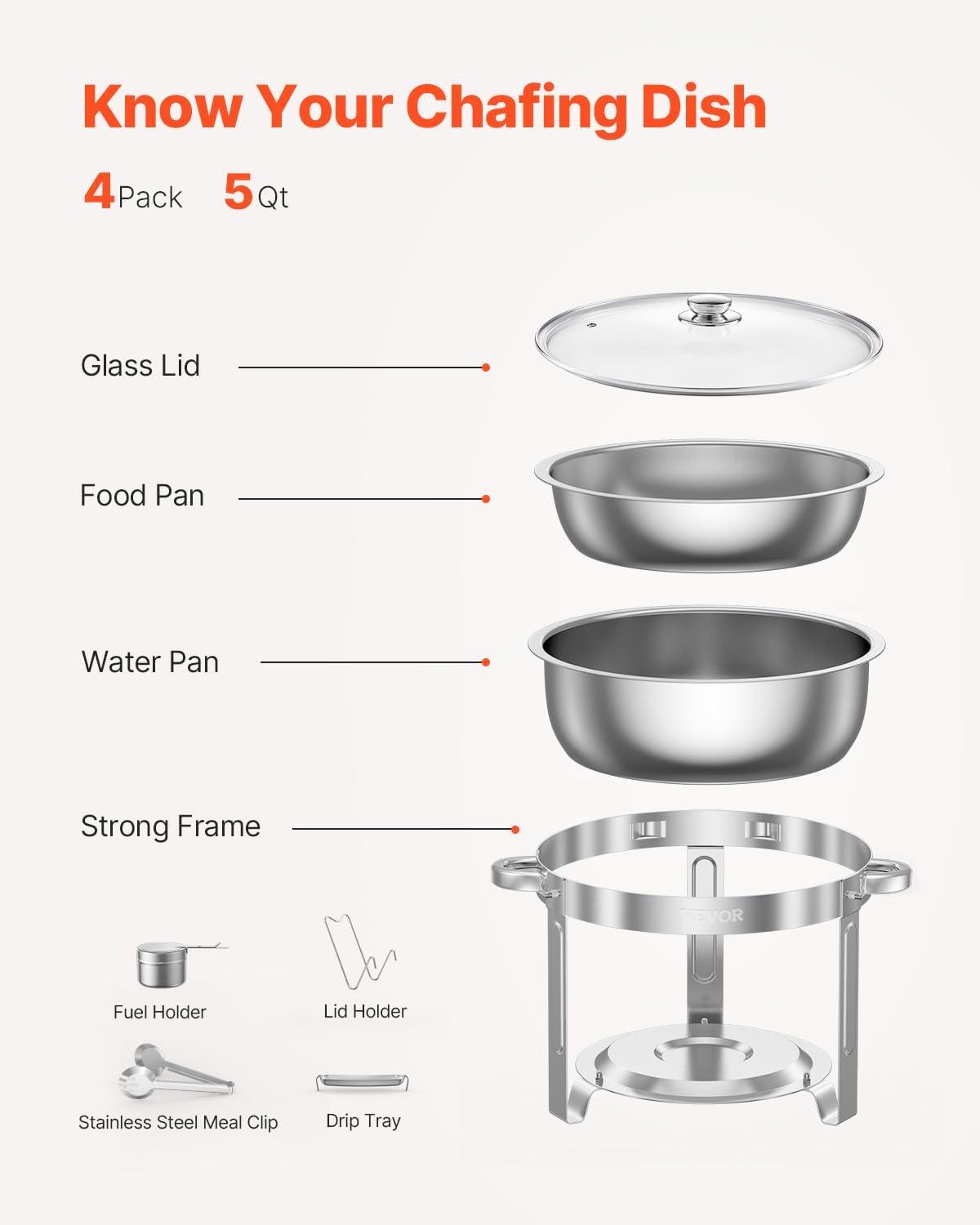 imageVEVOR Chafing Dish Buffet Set 5 Qt 4 Pack Stainless Steel Chafer with 4 Full Size Pan Round Catering Warmer Server with Glass Lid Water Pan Folding Stand Fuel Holder for Wedding Banquet GoldSilver