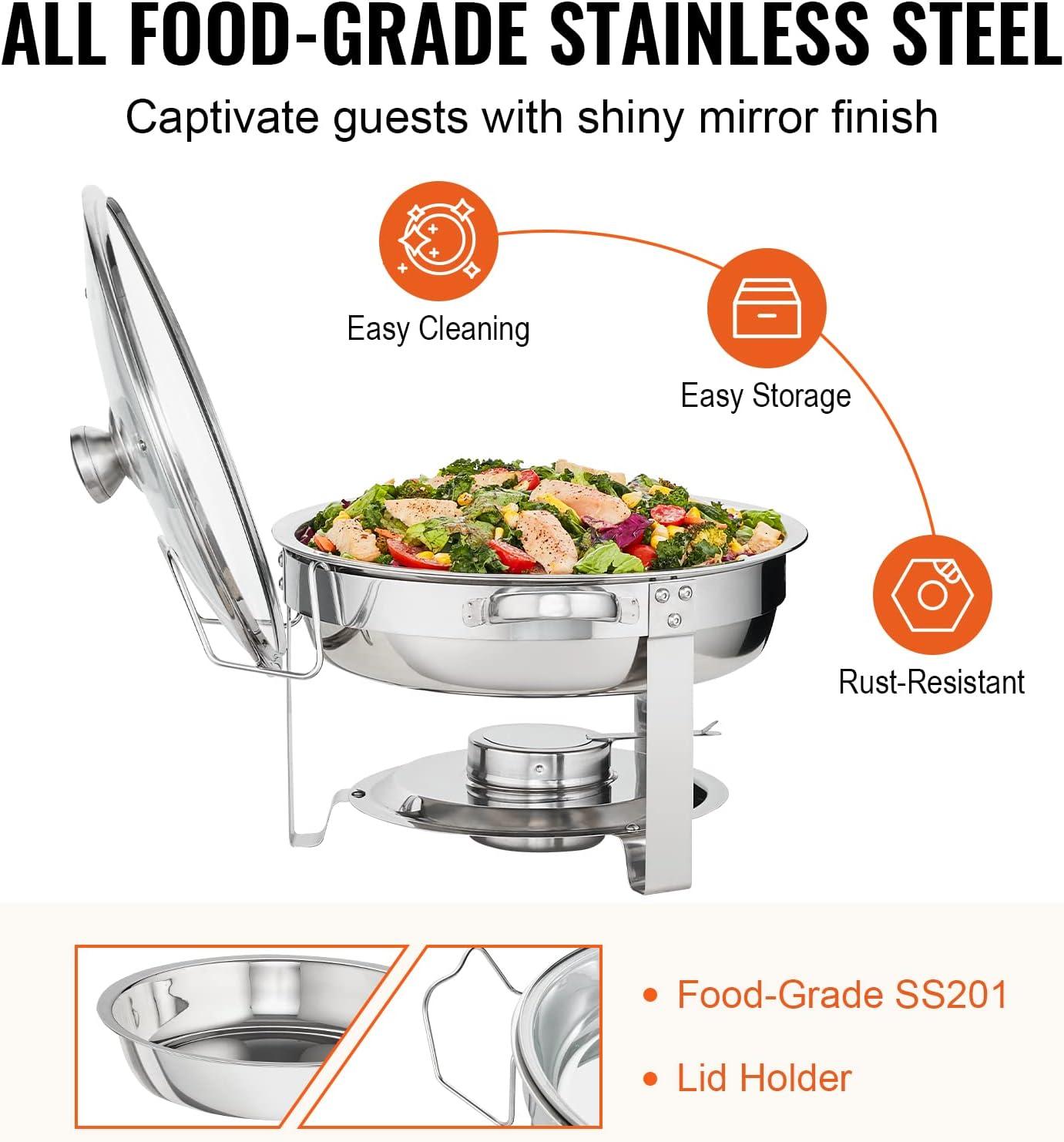 imageVEVOR Chafing Dish Buffet Set 5 Qt 4 Pack Stainless Steel Chafer with 4 Full Size Pan Round Catering Warmer Server with Glass Lid Water Pan Folding Stand Fuel Holder for Wedding Banquet GoldSilver