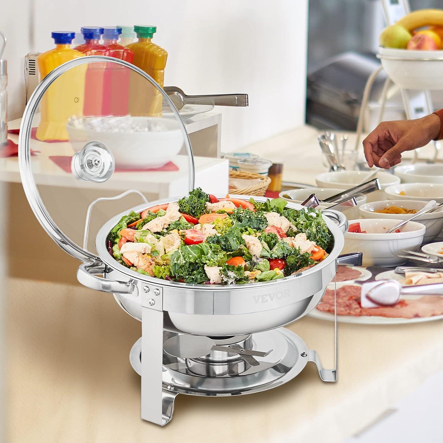 imageVEVOR Chafing Dish Buffet Set 5 Qt 4 Pack Stainless Steel Chafer with 4 Full Size Pan Round Catering Warmer Server with Glass Lid Water Pan Folding Stand Fuel Holder for Wedding Banquet GoldSilver