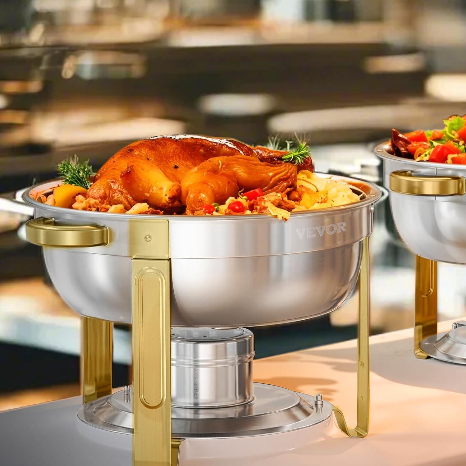 imageVEVOR Chafing Dish Buffet Set 5 Qt 4 Pack Stainless Steel Chafer with 4 Full Size Pan Round Catering Warmer Server with Glass Lid Water Pan Folding Stand Fuel Holder for Wedding Banquet GoldGold