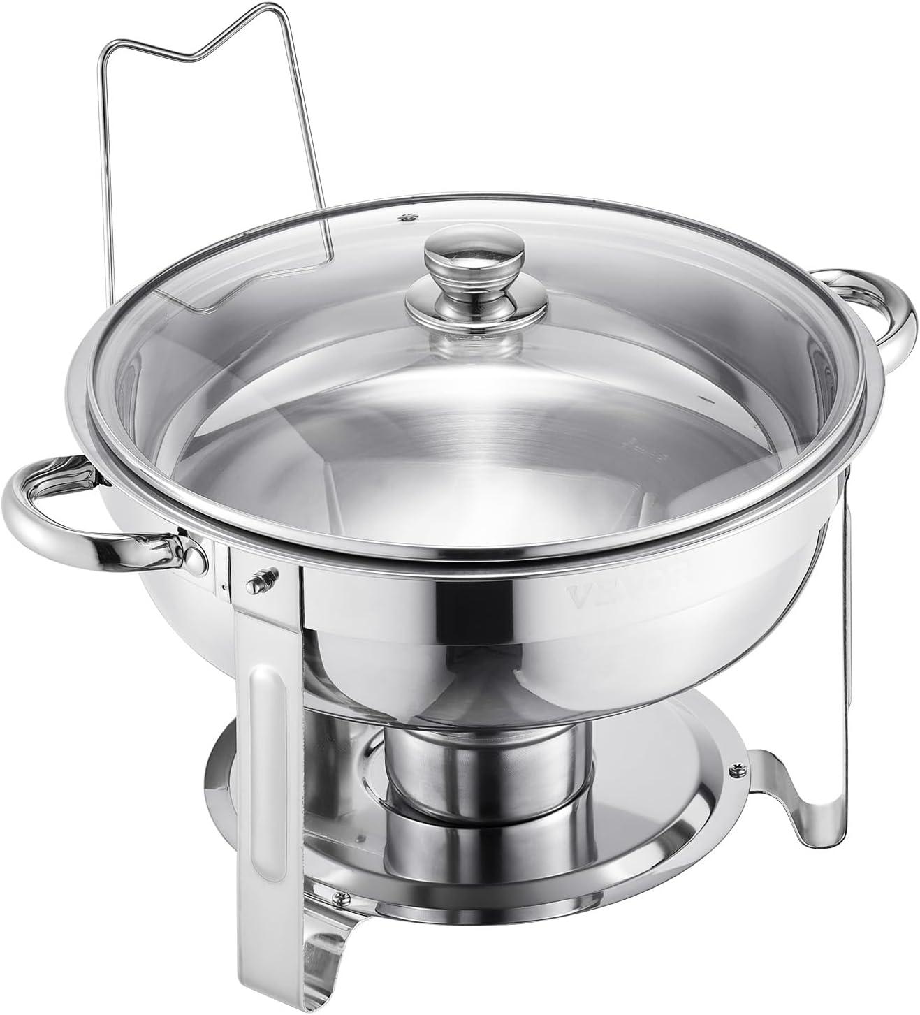 imageVEVOR Chafing Dish Buffet Set 5 Qt 4 Pack Stainless Steel Chafer with 4 Full Size Pan Round Catering Warmer Server with Glass Lid Water Pan Folding Stand Fuel Holder for Wedding Banquet GoldSilverwhite