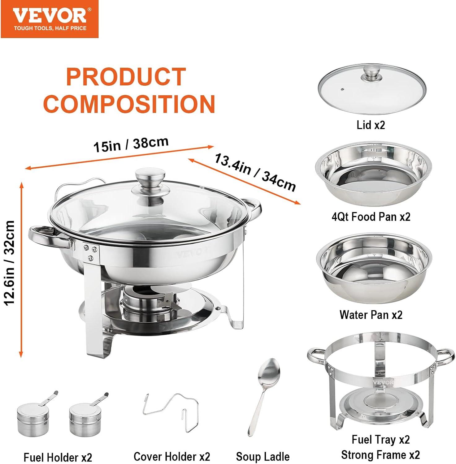 imageVEVOR Chafing Dish Buffet Set 5 Qt 4 Pack Stainless Steel Chafer with 4 Full Size Pan Round Catering Warmer Server with Glass Lid Water Pan Folding Stand Fuel Holder for Wedding Banquet GoldSilver