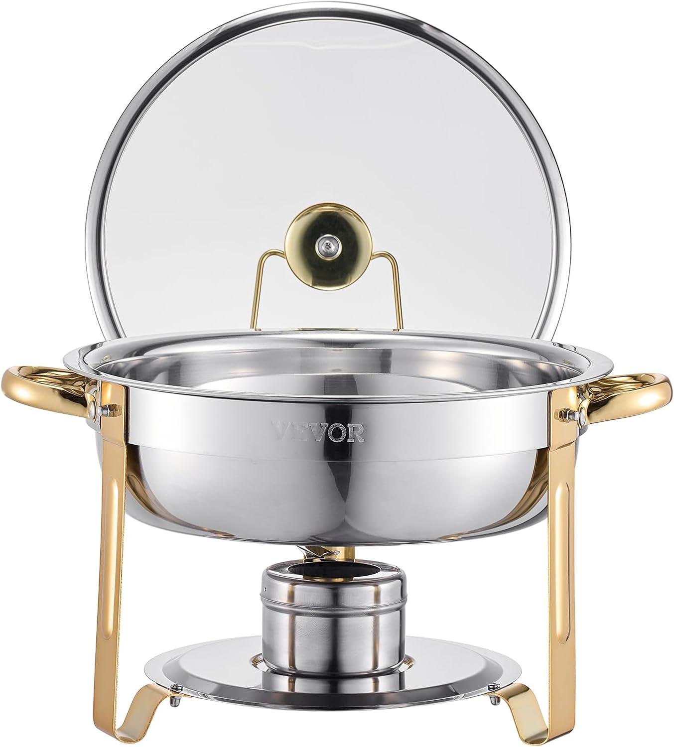 imageVEVOR Chafing Dish Buffet Set 5 Qt 4 Pack Stainless Steel Chafer with 4 Full Size Pan Round Catering Warmer Server with Glass Lid Water Pan Folding Stand Fuel Holder for Wedding Banquet GoldGold