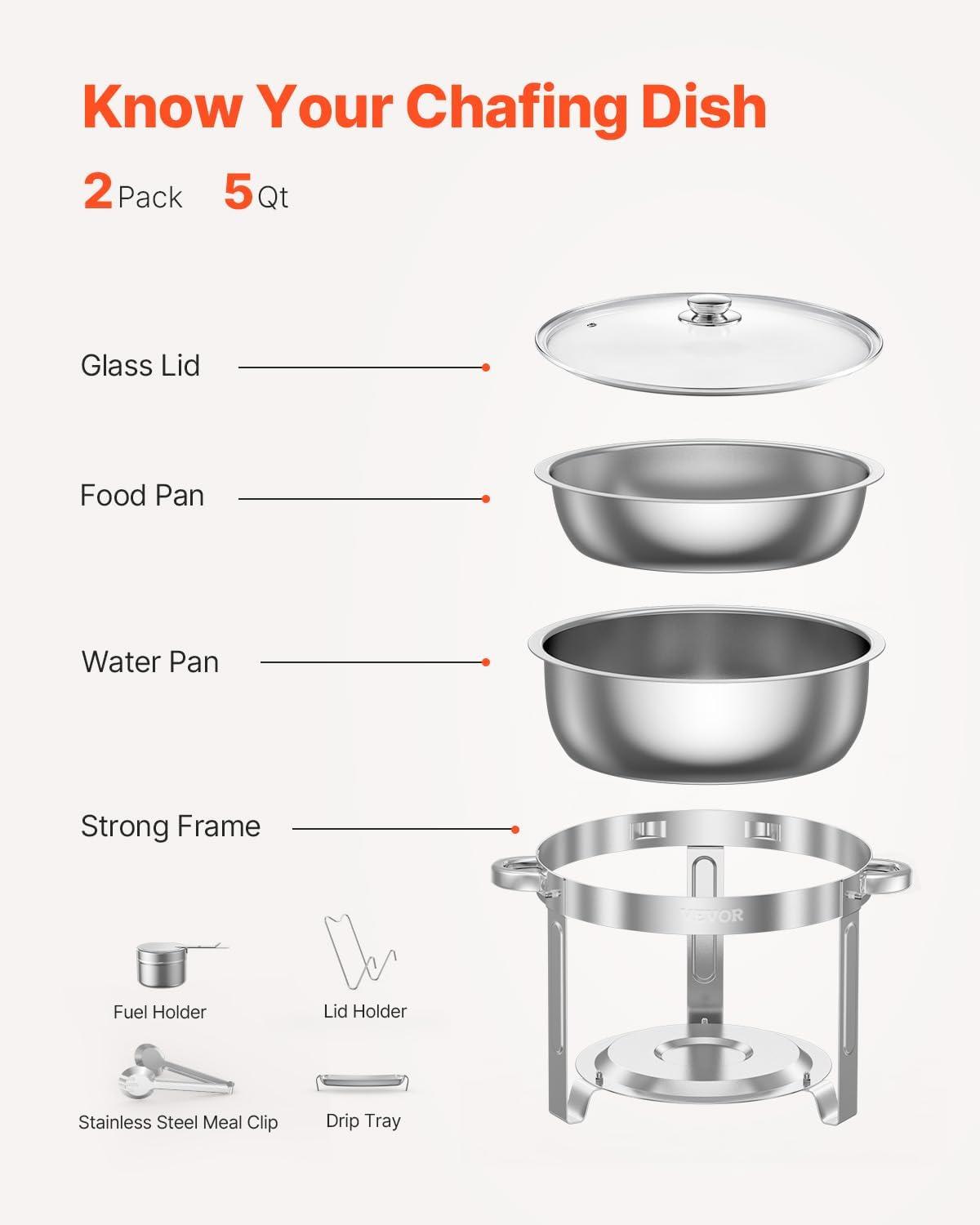 imageVEVOR Chafing Dish Buffet Set 5 Qt 4 Pack Stainless Steel Chafer with 4 Full Size Pan Round Catering Warmer Server with Glass Lid Water Pan Folding Stand Fuel Holder for Wedding Banquet GoldSilverwhite