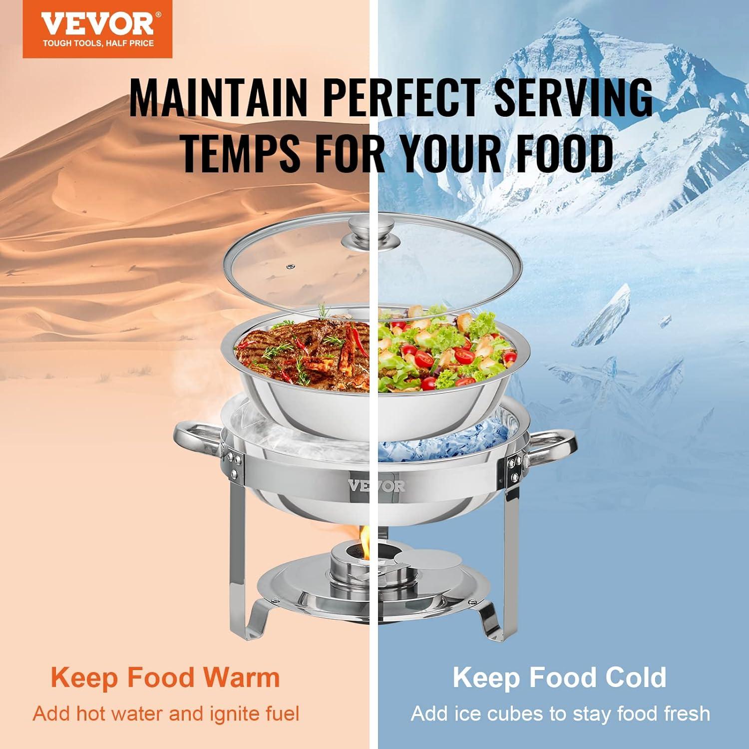 imageVEVOR Chafing Dish Buffet Set 5 Qt 4 Pack Stainless Steel Chafer with 4 Full Size Pan Round Catering Warmer Server with Glass Lid Water Pan Folding Stand Fuel Holder for Wedding Banquet GoldSilver