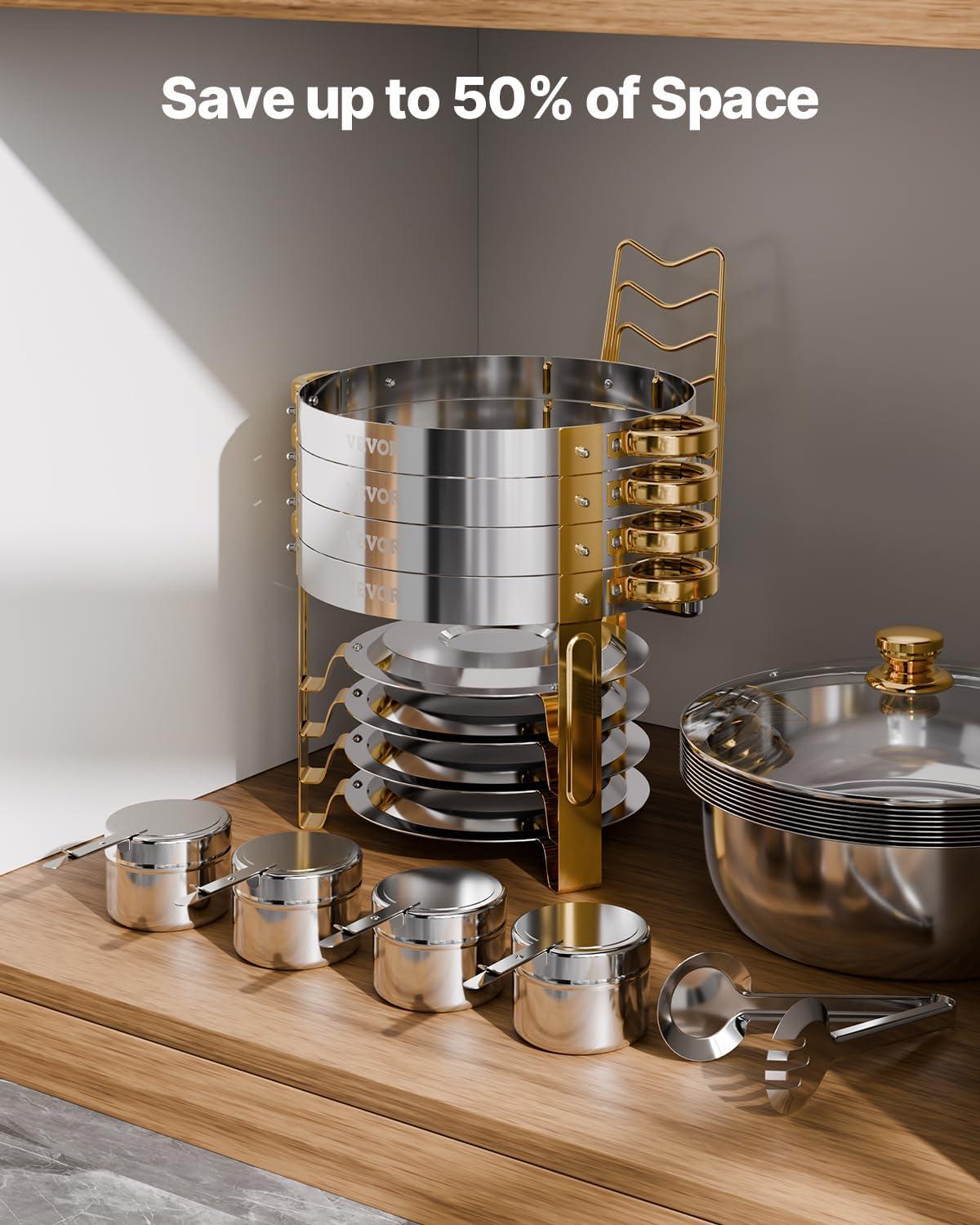 imageVEVOR Chafing Dish Buffet Set 5 Qt 4 Pack Stainless Steel Chafer with 4 Full Size Pan Round Catering Warmer Server with Glass Lid Water Pan Folding Stand Fuel Holder for Wedding Banquet GoldGold