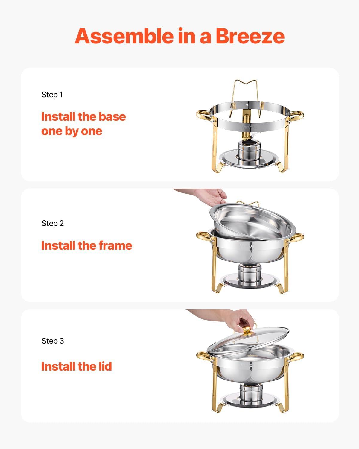 imageVEVOR Chafing Dish Buffet Set 5 Qt 4 Pack Stainless Steel Chafer with 4 Full Size Pan Round Catering Warmer Server with Glass Lid Water Pan Folding Stand Fuel Holder for Wedding Banquet GoldGold