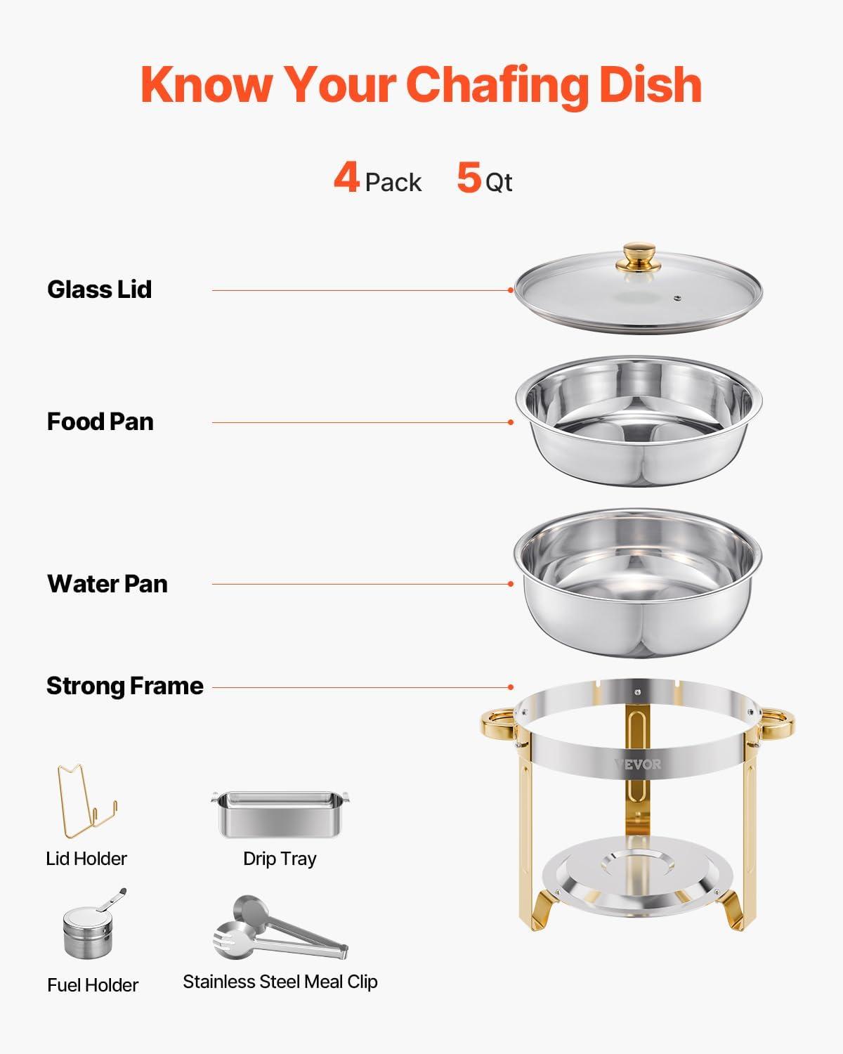 imageVEVOR Chafing Dish Buffet Set 5 Qt 4 Pack Stainless Steel Chafer with 4 Full Size Pan Round Catering Warmer Server with Glass Lid Water Pan Folding Stand Fuel Holder for Wedding Banquet GoldGold
