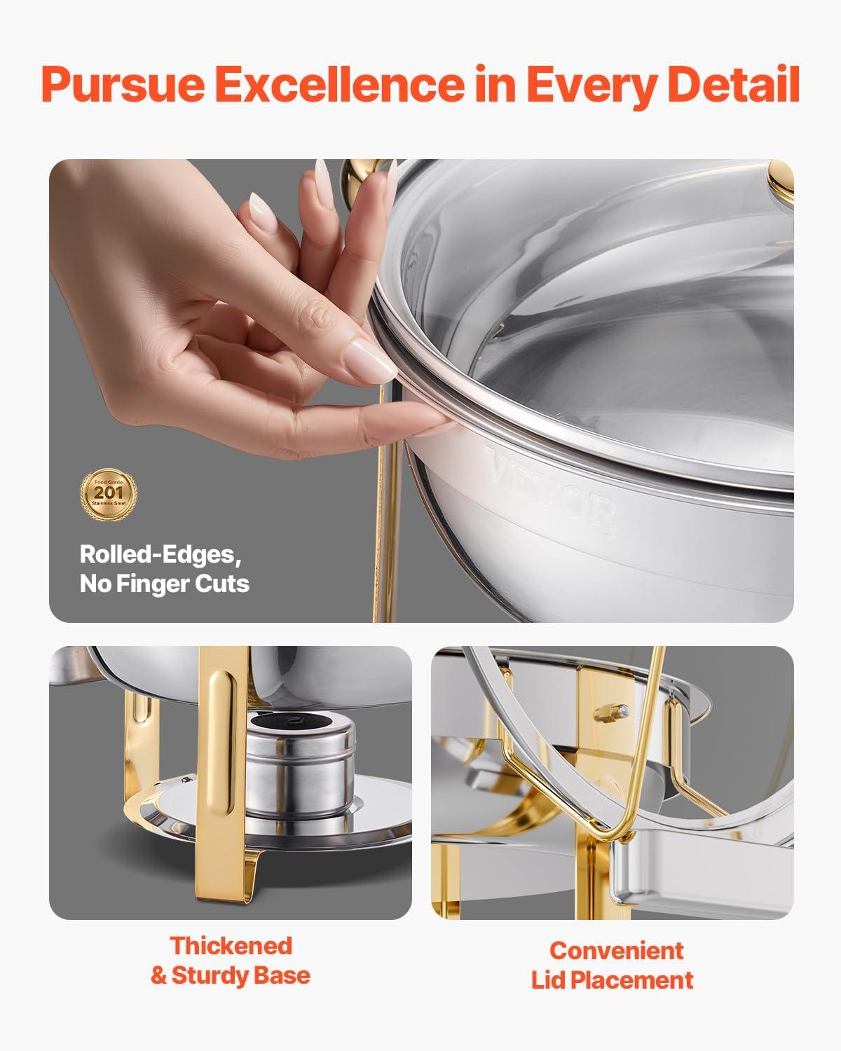 imageVEVOR Chafing Dish Buffet Set 5 Qt 4 Pack Stainless Steel Chafer with 4 Full Size Pan Round Catering Warmer Server with Glass Lid Water Pan Folding Stand Fuel Holder for Wedding Banquet GoldGold