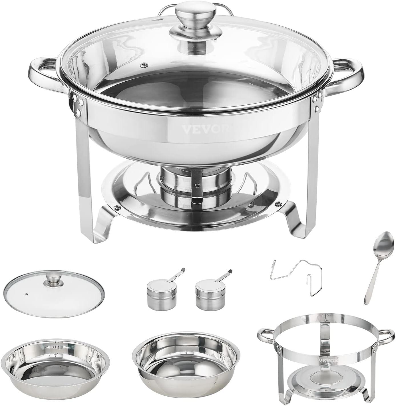 imageVEVOR Chafing Dish Buffet Set 5 Qt 4 Pack Stainless Steel Chafer with 4 Full Size Pan Round Catering Warmer Server with Glass Lid Water Pan Folding Stand Fuel Holder for Wedding Banquet GoldSilver