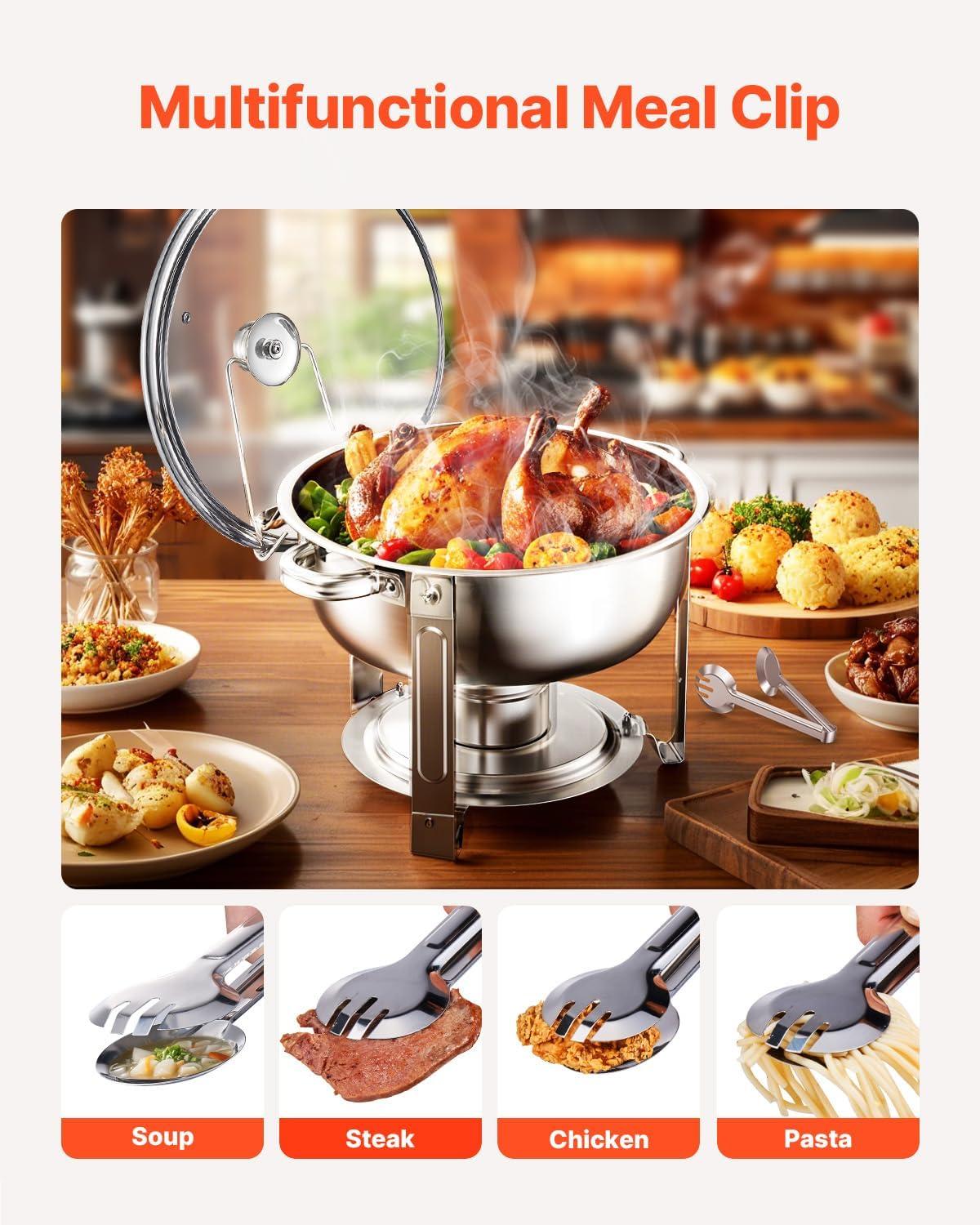 imageVEVOR Chafing Dish Buffet Set 5 Qt 4 Pack Stainless Steel Chafer with 4 Full Size Pan Round Catering Warmer Server with Glass Lid Water Pan Folding Stand Fuel Holder for Wedding Banquet GoldSilver
