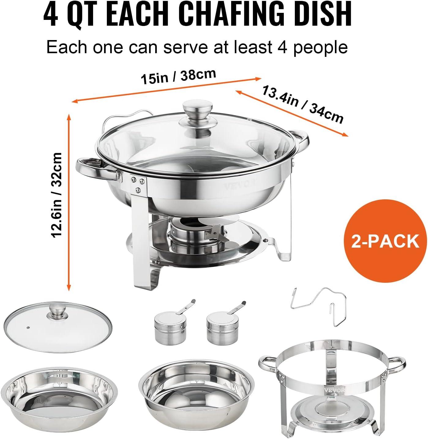 imageVEVOR Chafing Dish Buffet Set 5 Qt 4 Pack Stainless Steel Chafer with 4 Full Size Pan Round Catering Warmer Server with Glass Lid Water Pan Folding Stand Fuel Holder for Wedding Banquet GoldSilver