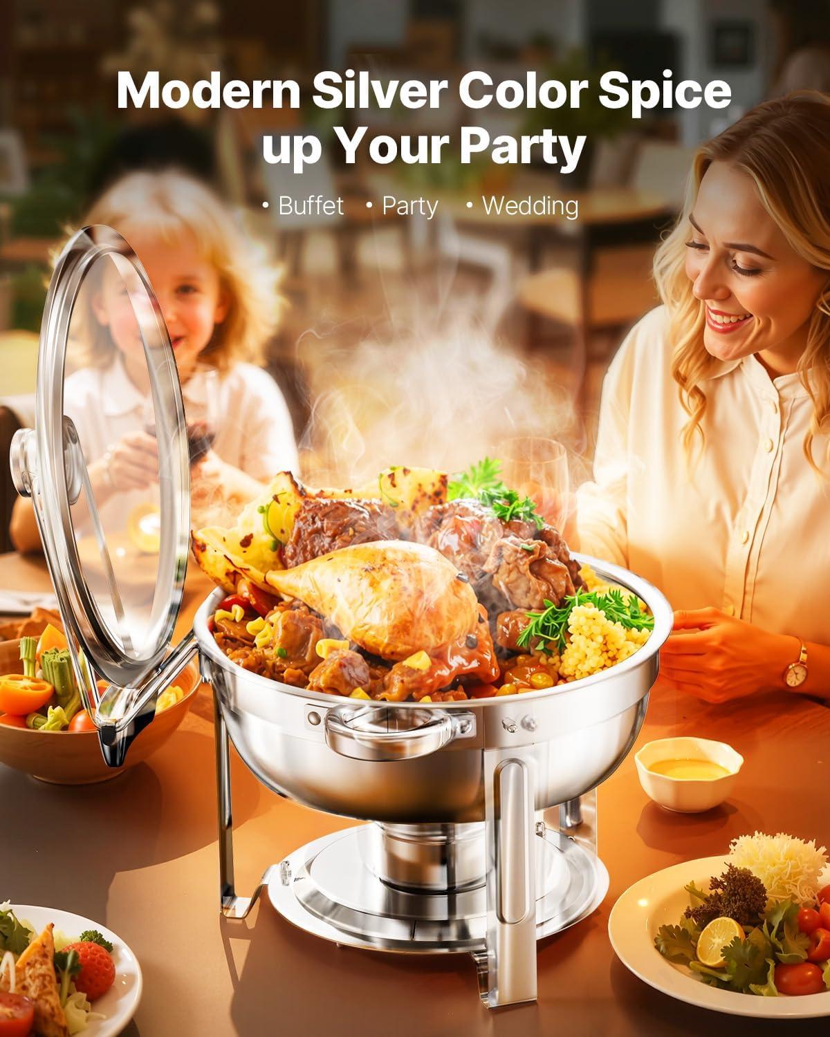 imageVEVOR Chafing Dish Buffet Set 5 Qt 4 Pack Stainless Steel Chafer with 4 Full Size Pan Round Catering Warmer Server with Glass Lid Water Pan Folding Stand Fuel Holder for Wedding Banquet GoldSilver