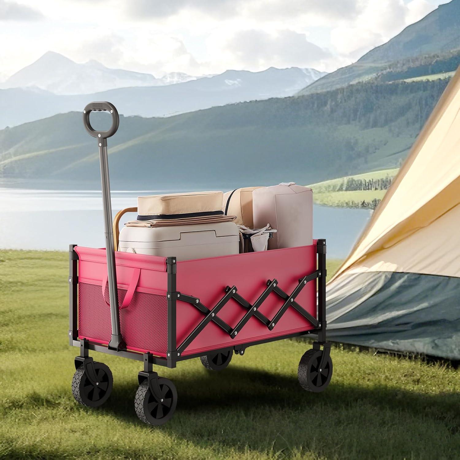 imageVEVOR Collapsible Folding Wagon with Wheels Wagons Carts Foldable with 225lbs Capacity Lightweight Portable Utility Wagon Cart for Grocery Shopping Sports Camping and GardenPink  Black