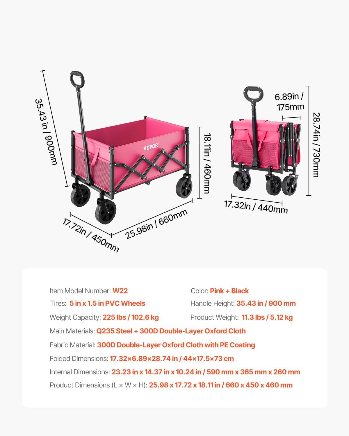 imageVEVOR Collapsible Folding Wagon with Wheels Wagons Carts Foldable with 225lbs Capacity Lightweight Portable Utility Wagon Cart for Grocery Shopping Sports Camping and GardenPink  Black