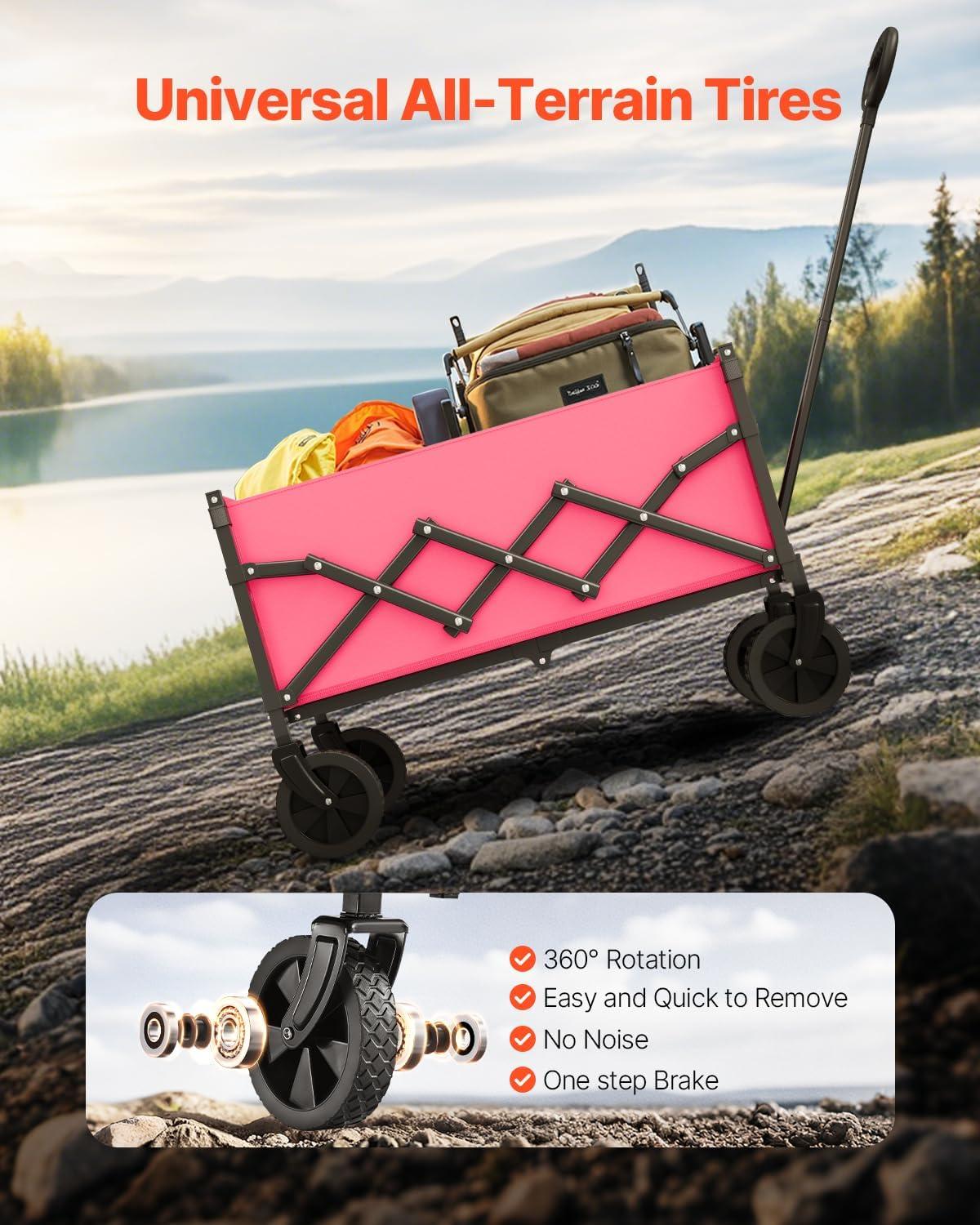 imageVEVOR Collapsible Folding Wagon with Wheels Wagons Carts Foldable with 225lbs Capacity Lightweight Portable Utility Wagon Cart for Grocery Shopping Sports Camping and GardenPink  Black