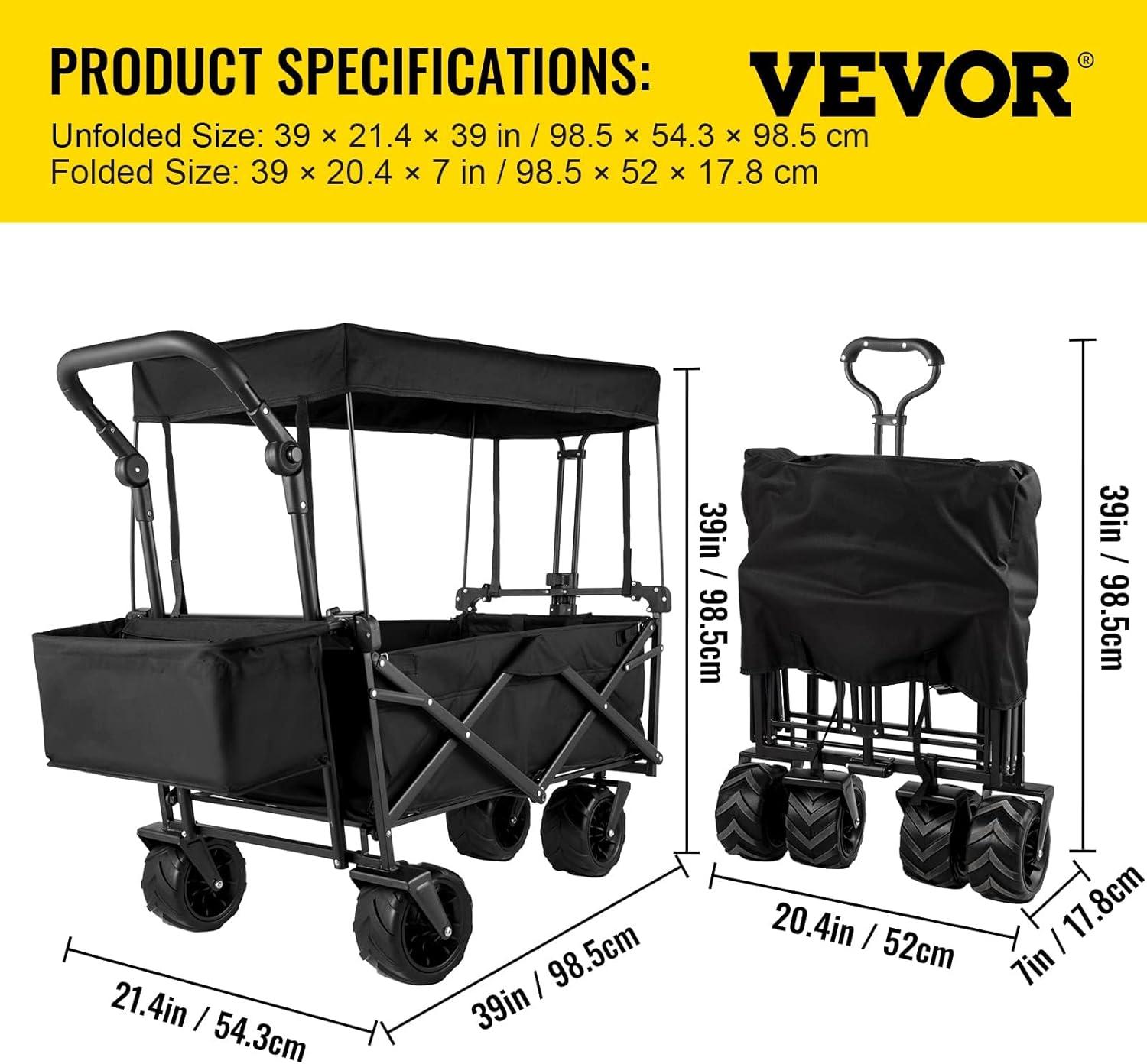 imageVEVOR Collapsible Wagon with Removable Canopy Heavy Duty Folding Beach Wagon with Big Wheels and Adjustable HandlesBlack