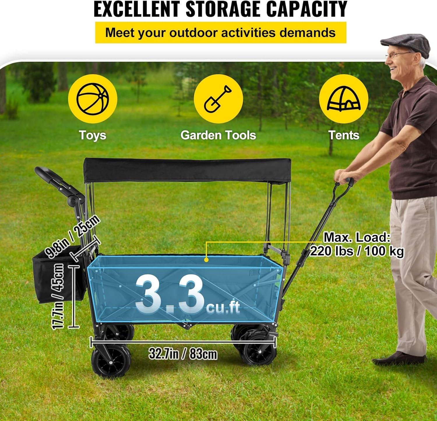 imageVEVOR Collapsible Wagon with Removable Canopy Heavy Duty Folding Beach Wagon with Big Wheels and Adjustable HandlesBlack