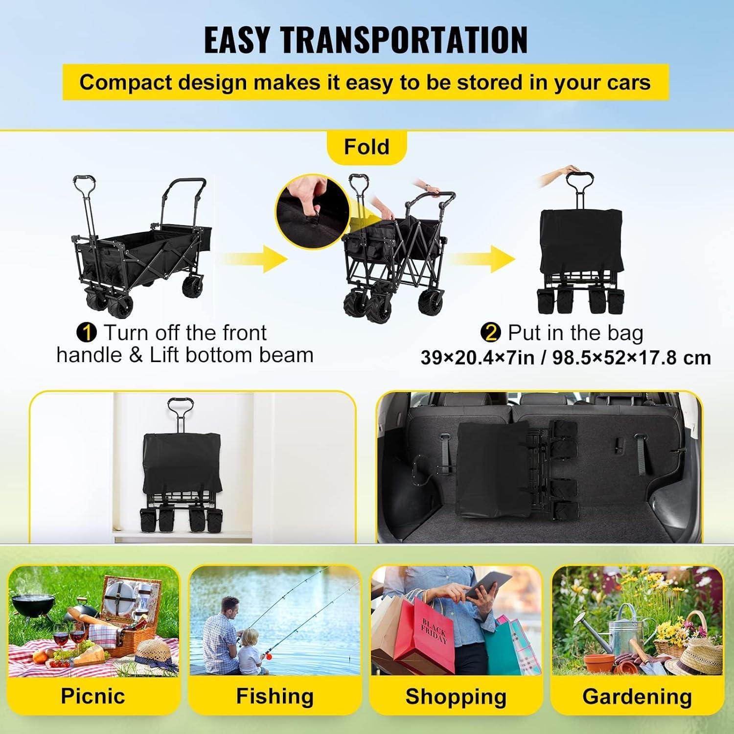 imageVEVOR Collapsible Wagon with Removable Canopy Heavy Duty Folding Beach Wagon with Big Wheels and Adjustable HandlesBlack