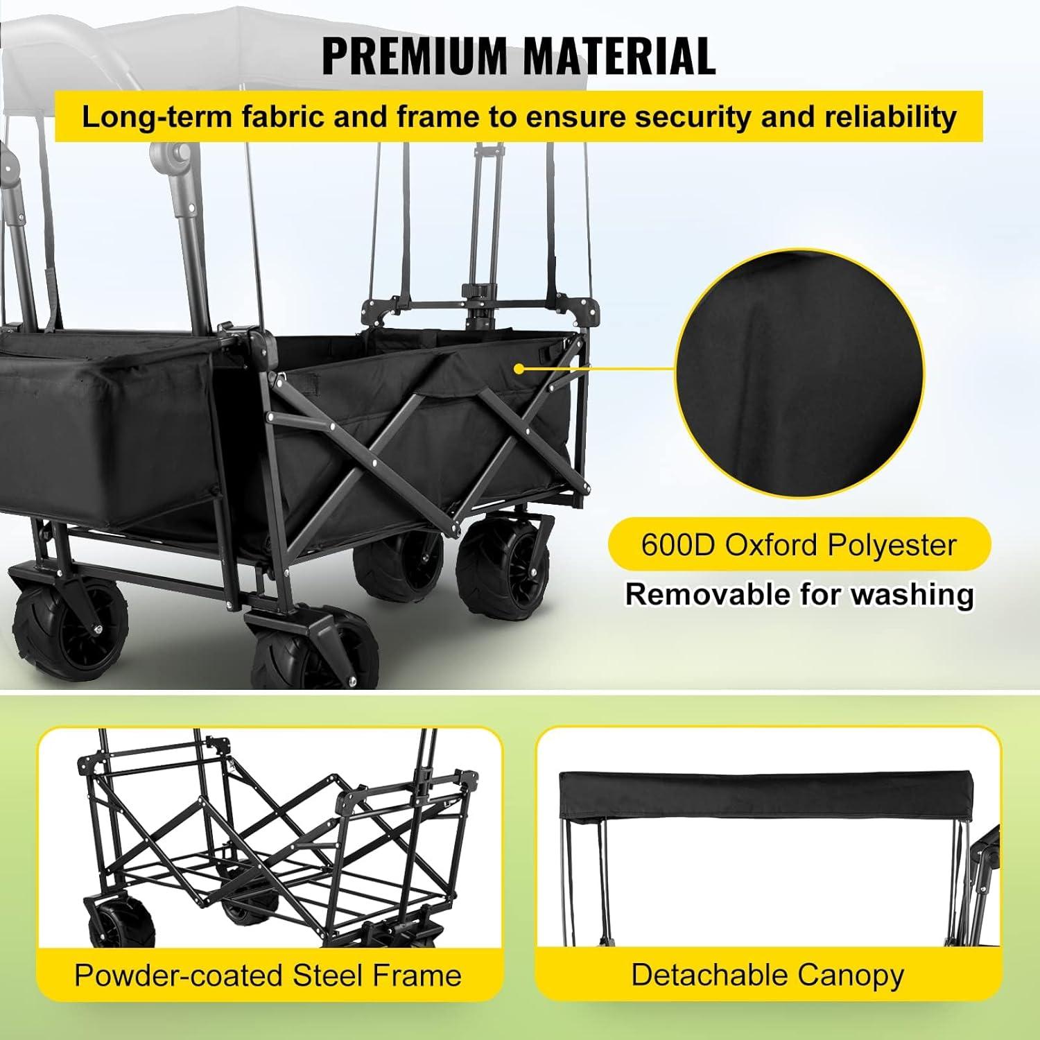 imageVEVOR Collapsible Wagon with Removable Canopy Heavy Duty Folding Beach Wagon with Big Wheels and Adjustable HandlesBlack