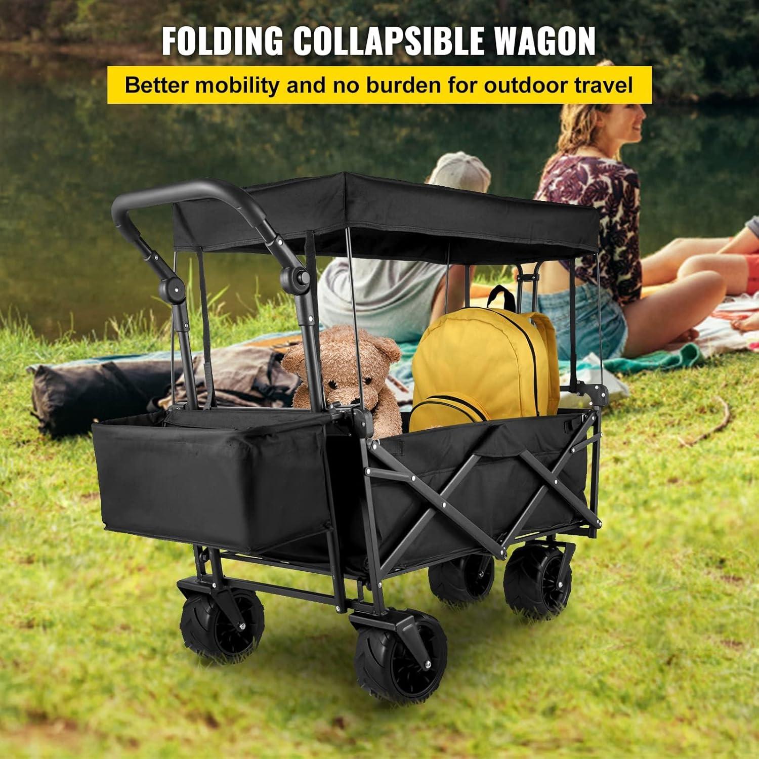 imageVEVOR Collapsible Wagon with Removable Canopy Heavy Duty Folding Beach Wagon with Big Wheels and Adjustable HandlesBlack