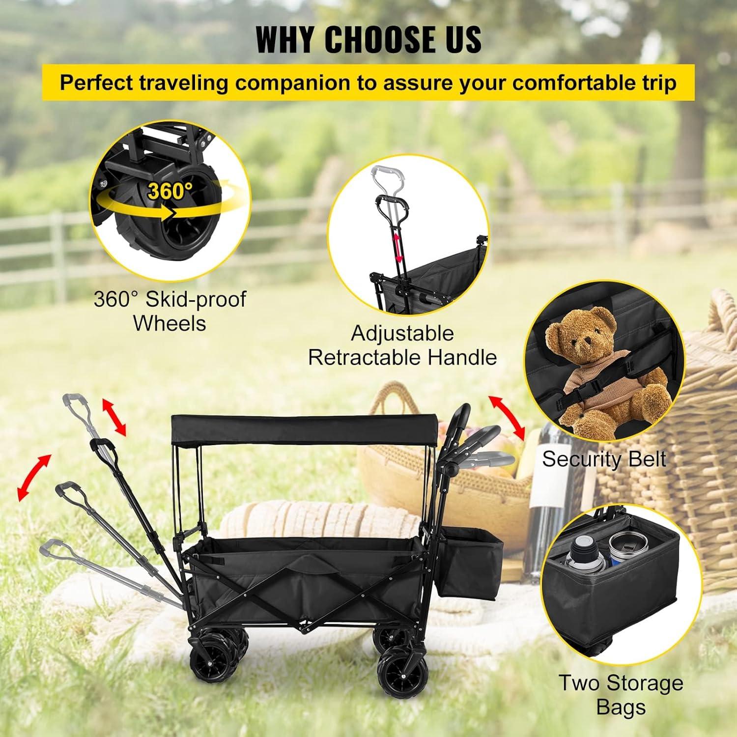 imageVEVOR Collapsible Wagon with Removable Canopy Heavy Duty Folding Beach Wagon with Big Wheels and Adjustable HandlesBlack