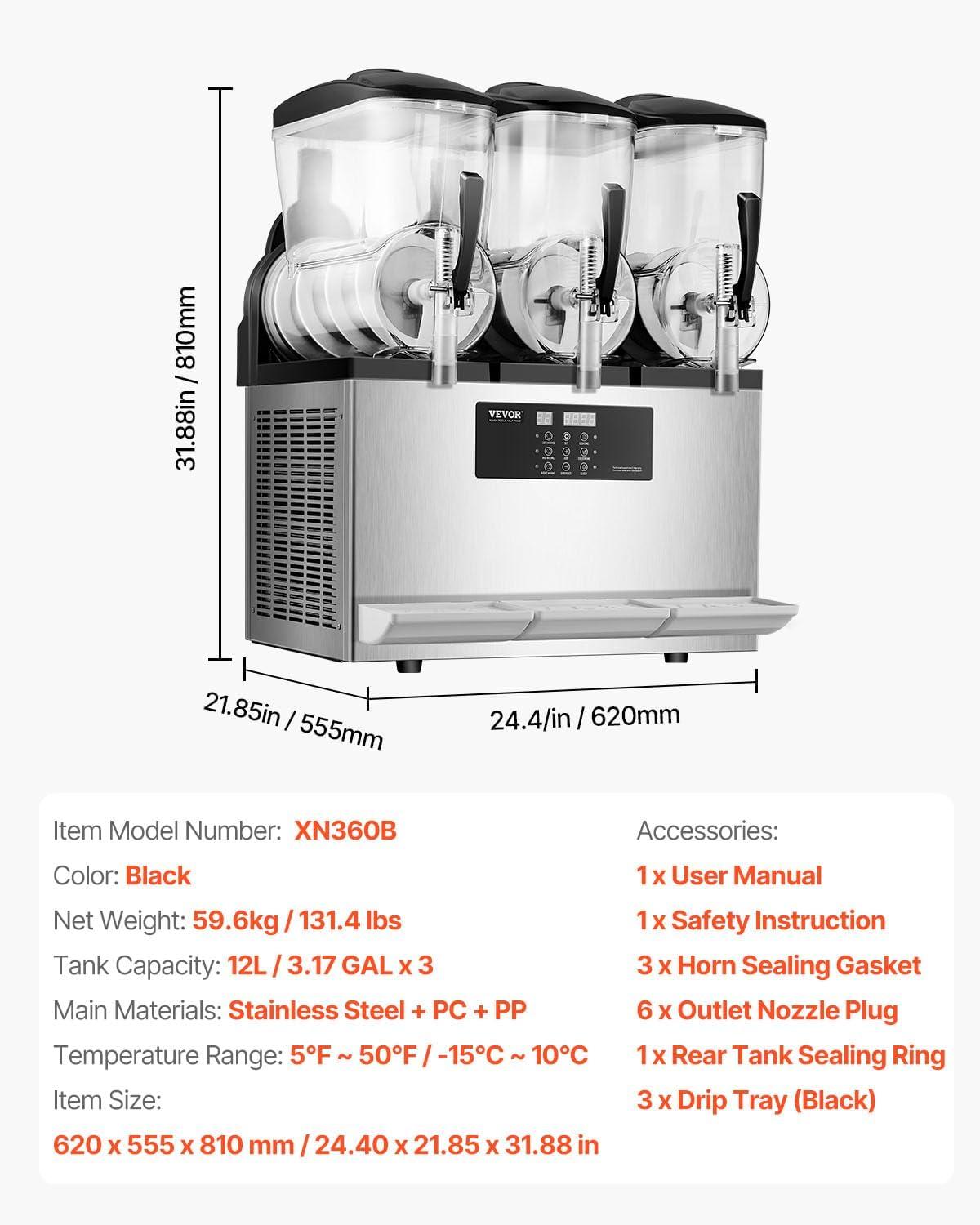 imageVEVOR Commercial Slushy Machine 12Lx3 Triple Tank Frozen Drink Machine 144 Cups Stainless Steel Margarita Smoothie Frozen Drink Maker Slushie Maker for Home Party Restaurants Cafe Bars36L