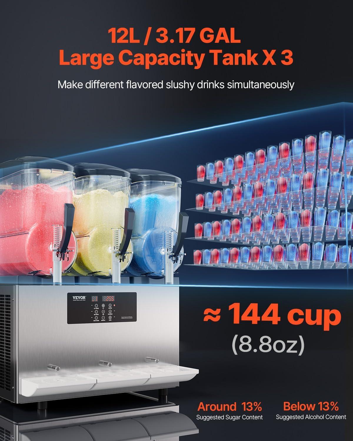 imageVEVOR Commercial Slushy Machine 12Lx3 Triple Tank Frozen Drink Machine 144 Cups Stainless Steel Margarita Smoothie Frozen Drink Maker Slushie Maker for Home Party Restaurants Cafe Bars36L
