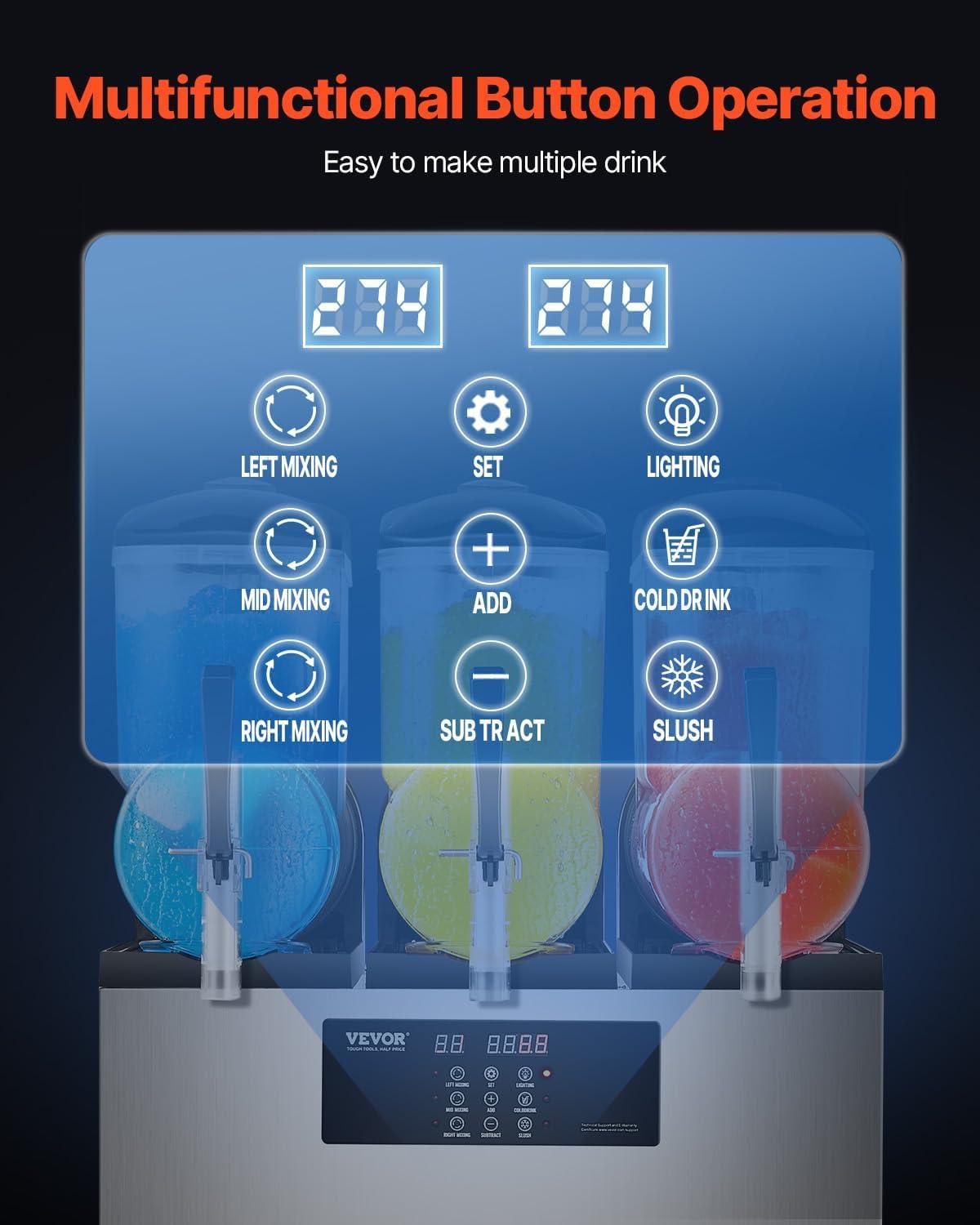 imageVEVOR Commercial Slushy Machine 12Lx3 Triple Tank Frozen Drink Machine 144 Cups Stainless Steel Margarita Smoothie Frozen Drink Maker Slushie Maker for Home Party Restaurants Cafe Bars36L
