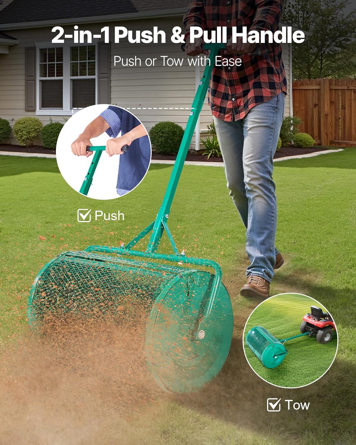 imageVEVOR Compost Spreader 244256quot Height Adjustable Handle 24quot Wide Lawn and Garden Peat Moss Roller with Side Latches Powder Coated Steel Mesh Basket for Spreading Manure Topsoil BlackGreen