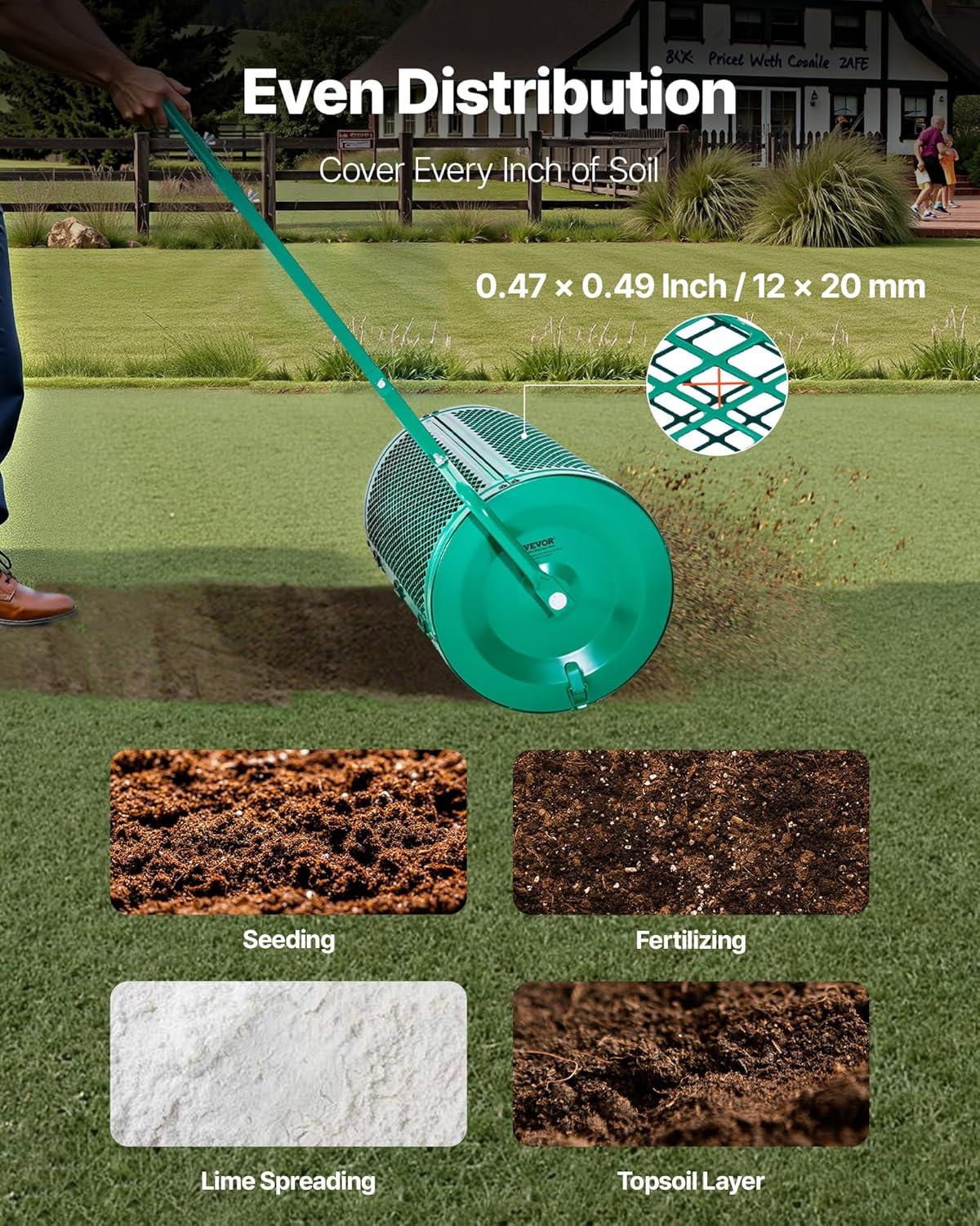 imageVEVOR Compost Spreader 244256quot Height Adjustable Handle 24quot Wide Lawn and Garden Peat Moss Roller with Side Latches Powder Coated Steel Mesh Basket for Spreading Manure Topsoil BlackGreen