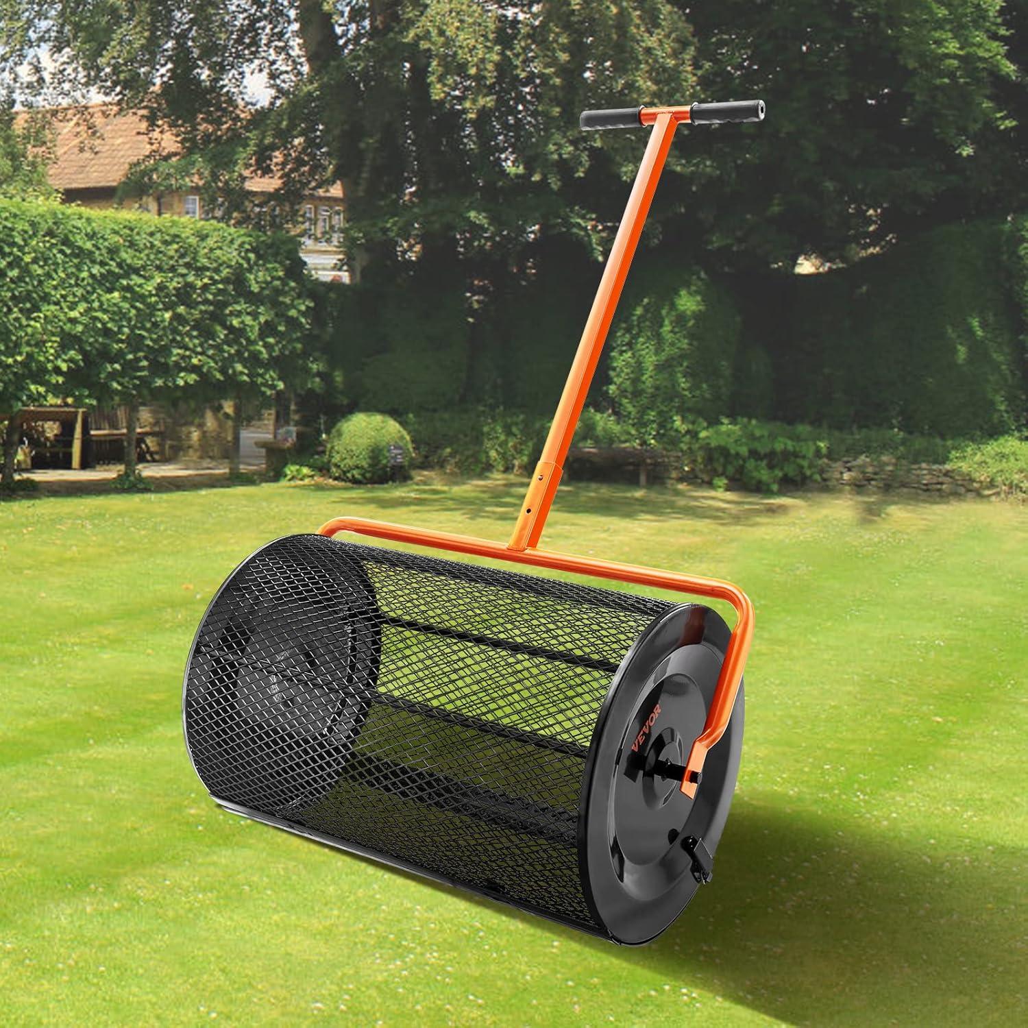 imageVEVOR Compost Spreader 244256quot Height Adjustable Handle 24quot Wide Lawn and Garden Peat Moss Roller with Side Latches Powder Coated Steel Mesh Basket for Spreading Manure Topsoil BlackBlack