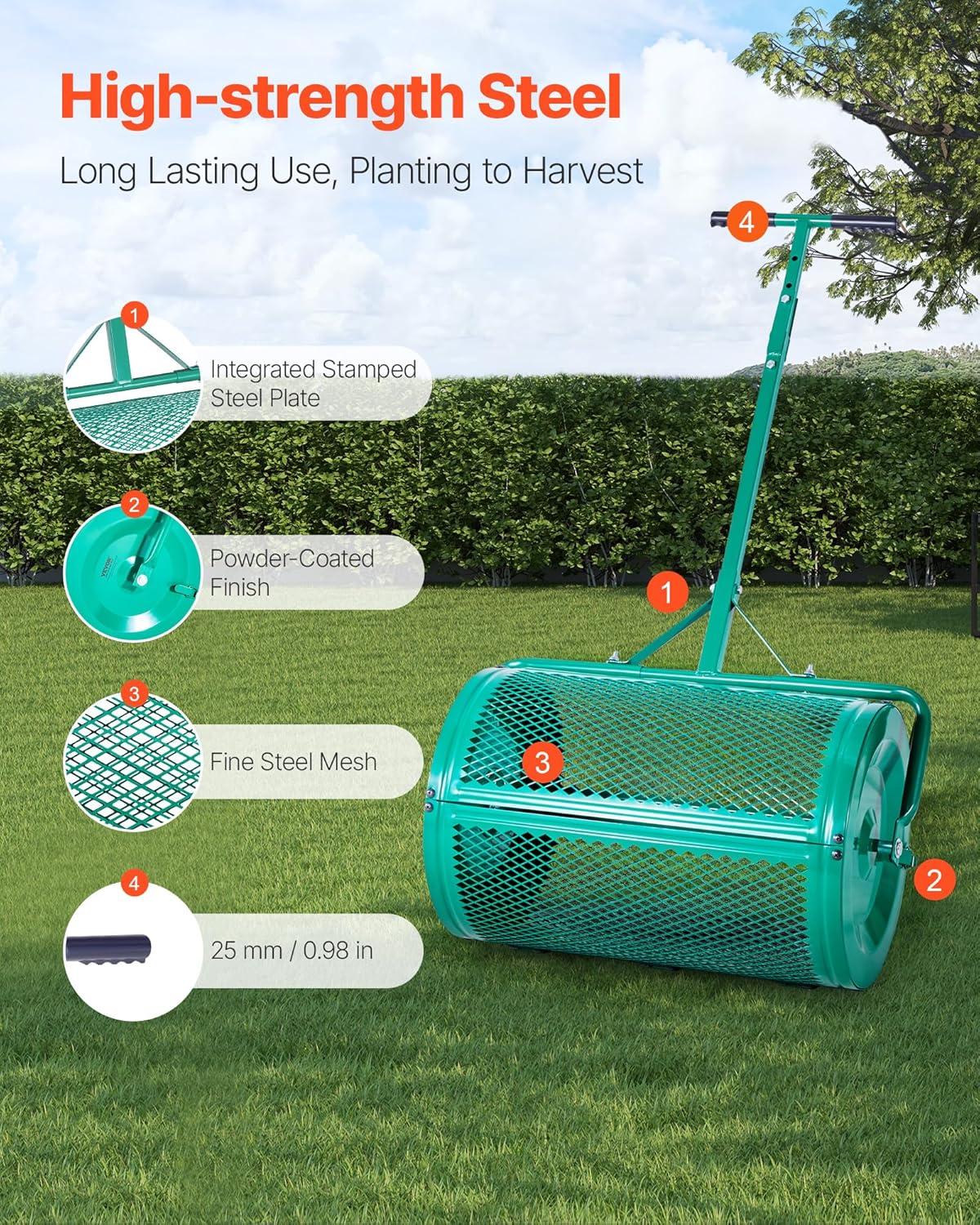 imageVEVOR Compost Spreader 244256quot Height Adjustable Handle 24quot Wide Lawn and Garden Peat Moss Roller with Side Latches Powder Coated Steel Mesh Basket for Spreading Manure Topsoil BlackGreen