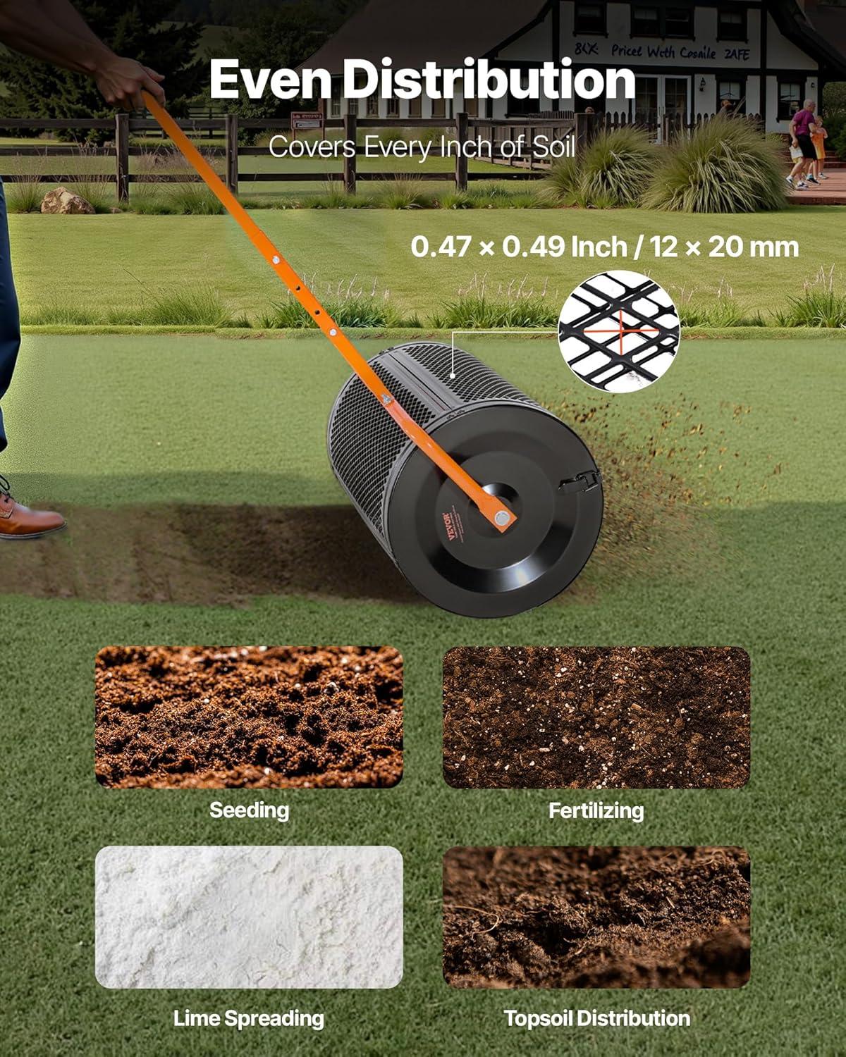 imageVEVOR Compost Spreader 244256quot Height Adjustable Handle 24quot Wide Lawn and Garden Peat Moss Roller with Side Latches Powder Coated Steel Mesh Basket for Spreading Manure Topsoil BlackBlack