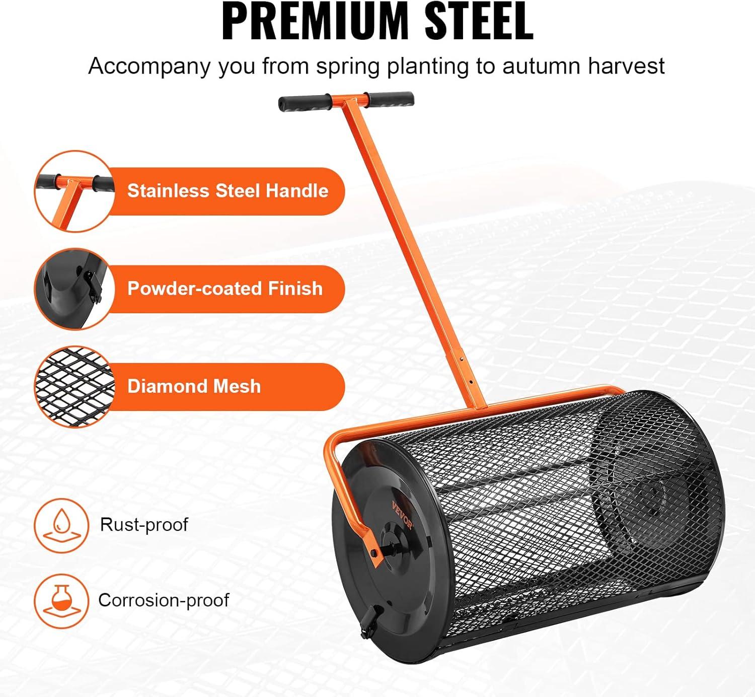 imageVEVOR Compost Spreader 244256quot Height Adjustable Handle 24quot Wide Lawn and Garden Peat Moss Roller with Side Latches Powder Coated Steel Mesh Basket for Spreading Manure Topsoil BlackBlack