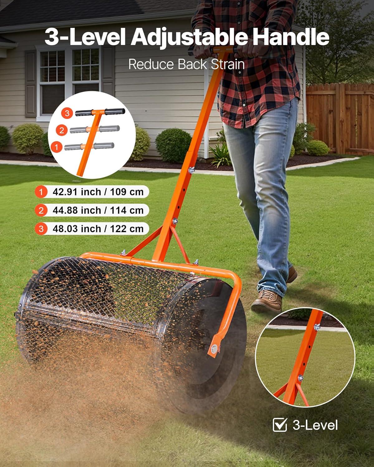 imageVEVOR Compost Spreader 244256quot Height Adjustable Handle 24quot Wide Lawn and Garden Peat Moss Roller with Side Latches Powder Coated Steel Mesh Basket for Spreading Manure Topsoil BlackBlack