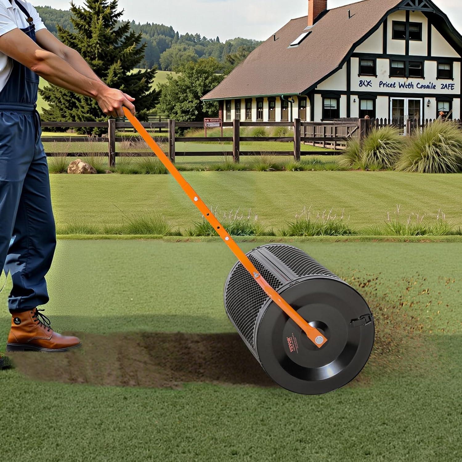 imageVEVOR Compost Spreader 244256quot Height Adjustable Handle 24quot Wide Lawn and Garden Peat Moss Roller with Side Latches Powder Coated Steel Mesh Basket for Spreading Manure Topsoil BlackBlack