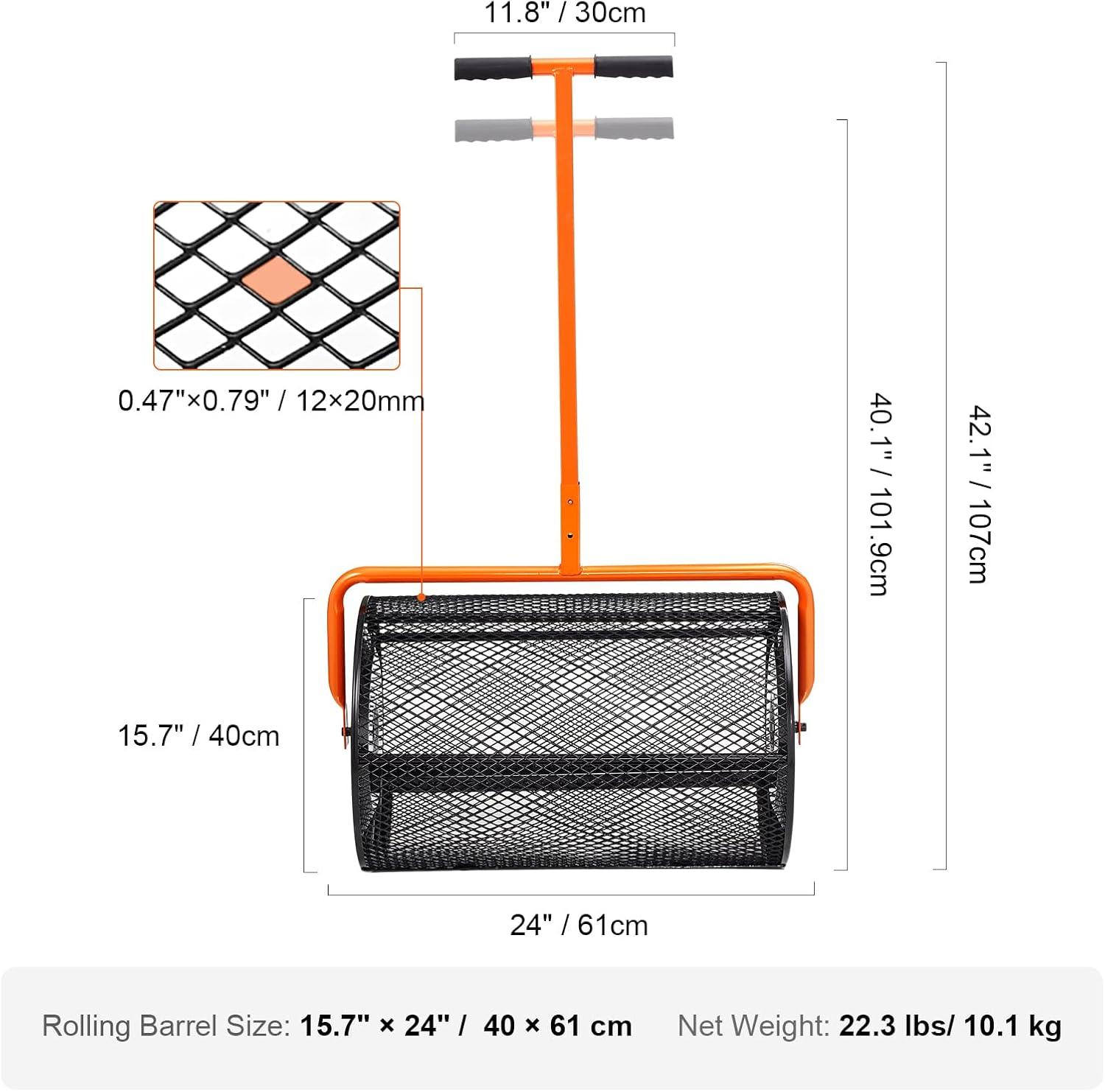 imageVEVOR Compost Spreader 244256quot Height Adjustable Handle 24quot Wide Lawn and Garden Peat Moss Roller with Side Latches Powder Coated Steel Mesh Basket for Spreading Manure Topsoil BlackBlack