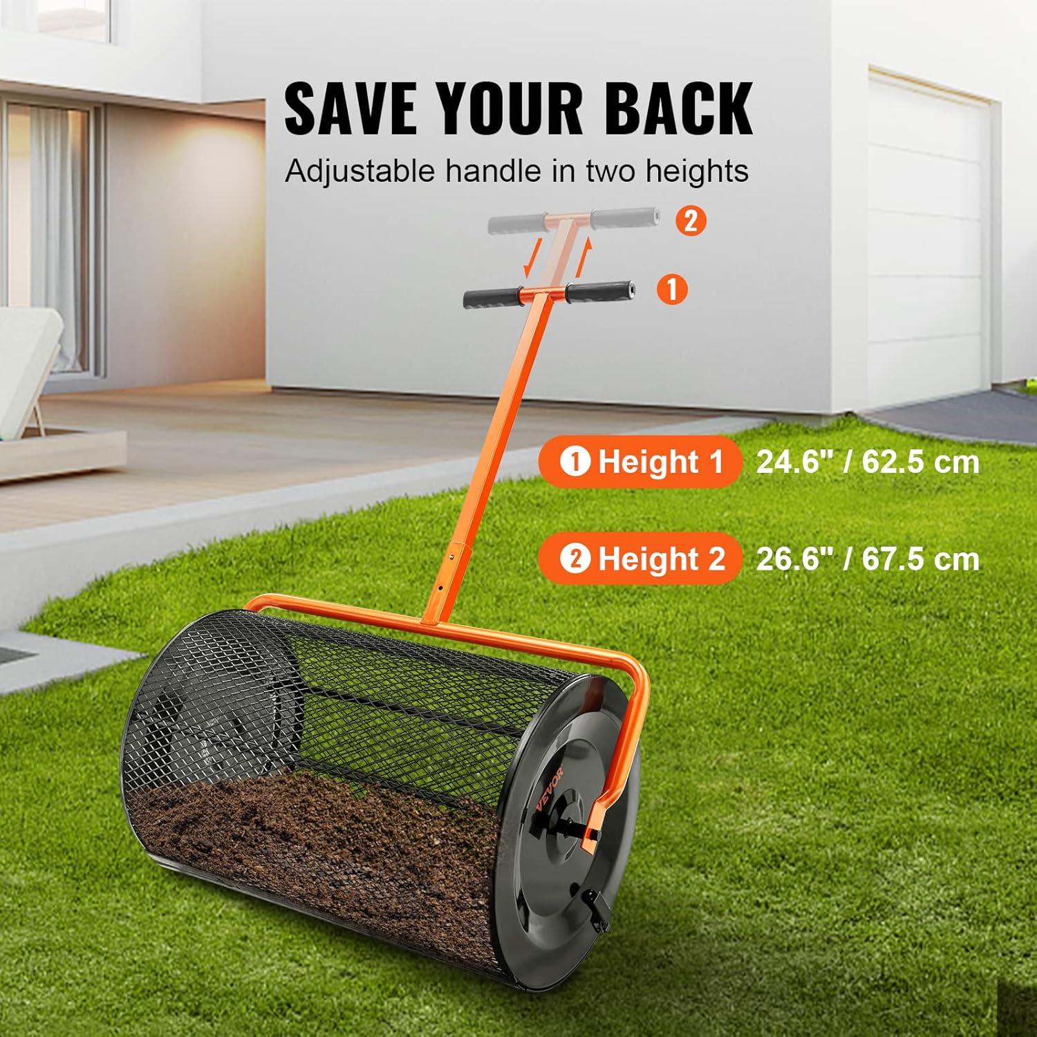 imageVEVOR Compost Spreader 244256quot Height Adjustable Handle 24quot Wide Lawn and Garden Peat Moss Roller with Side Latches Powder Coated Steel Mesh Basket for Spreading Manure Topsoil BlackBlack