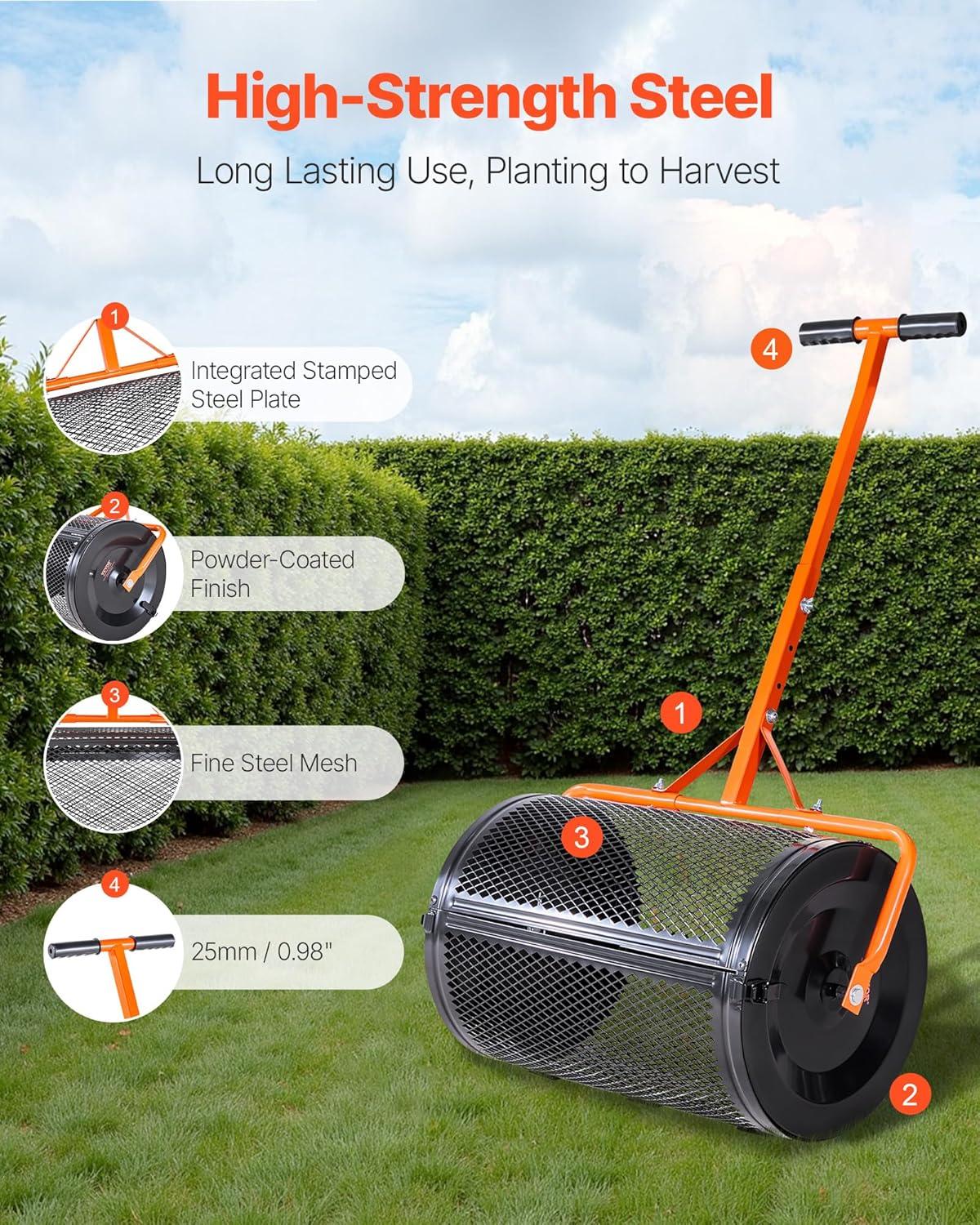 imageVEVOR Compost Spreader 244256quot Height Adjustable Handle 24quot Wide Lawn and Garden Peat Moss Roller with Side Latches Powder Coated Steel Mesh Basket for Spreading Manure Topsoil BlackBlack