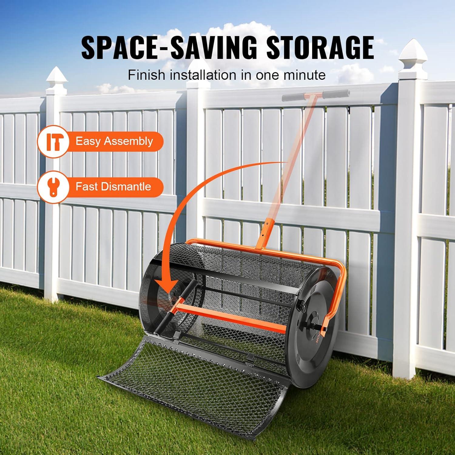 imageVEVOR Compost Spreader 244256quot Height Adjustable Handle 24quot Wide Lawn and Garden Peat Moss Roller with Side Latches Powder Coated Steel Mesh Basket for Spreading Manure Topsoil BlackBlack