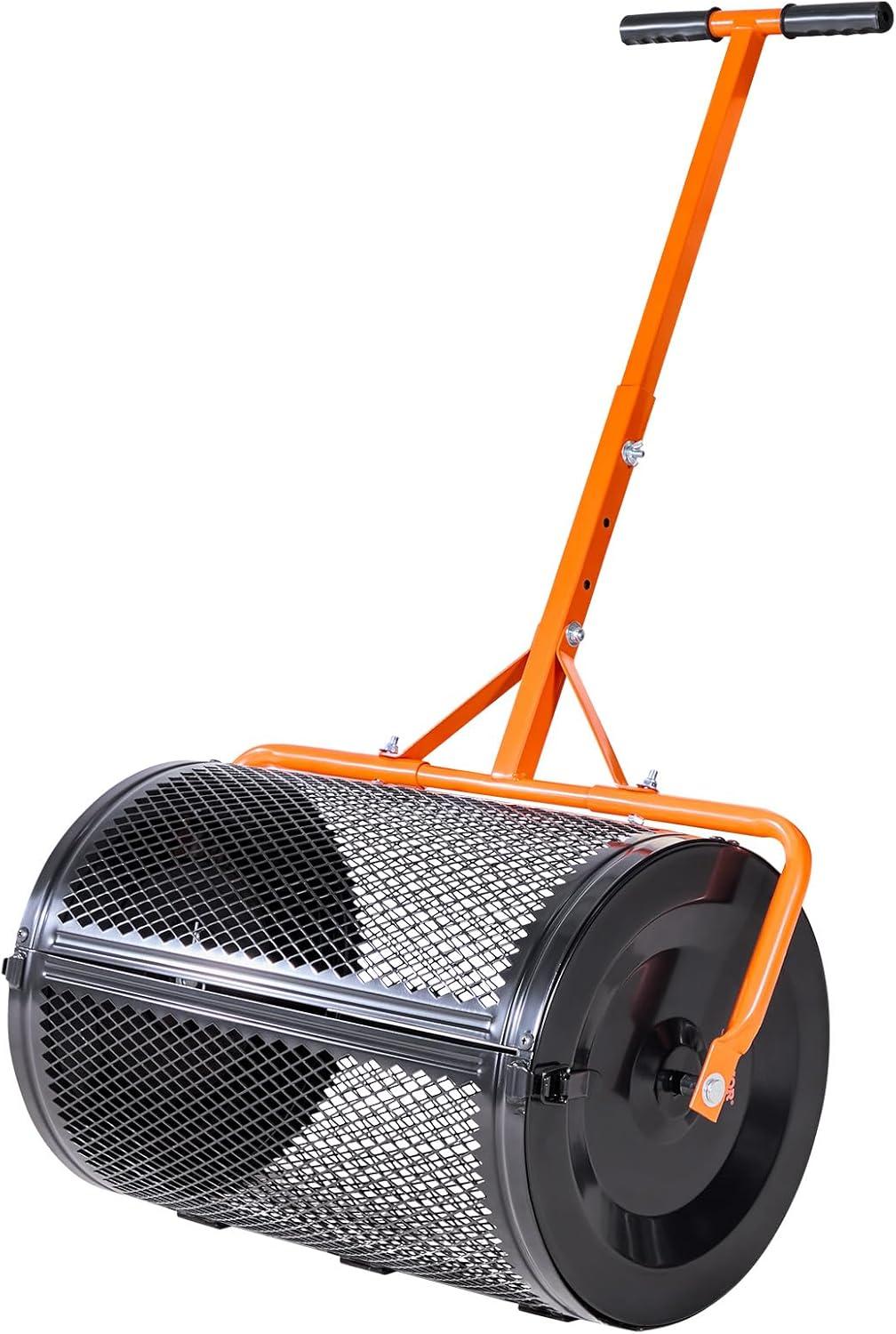 imageVEVOR Compost Spreader 244256quot Height Adjustable Handle 24quot Wide Lawn and Garden Peat Moss Roller with Side Latches Powder Coated Steel Mesh Basket for Spreading Manure Topsoil BlackBlack