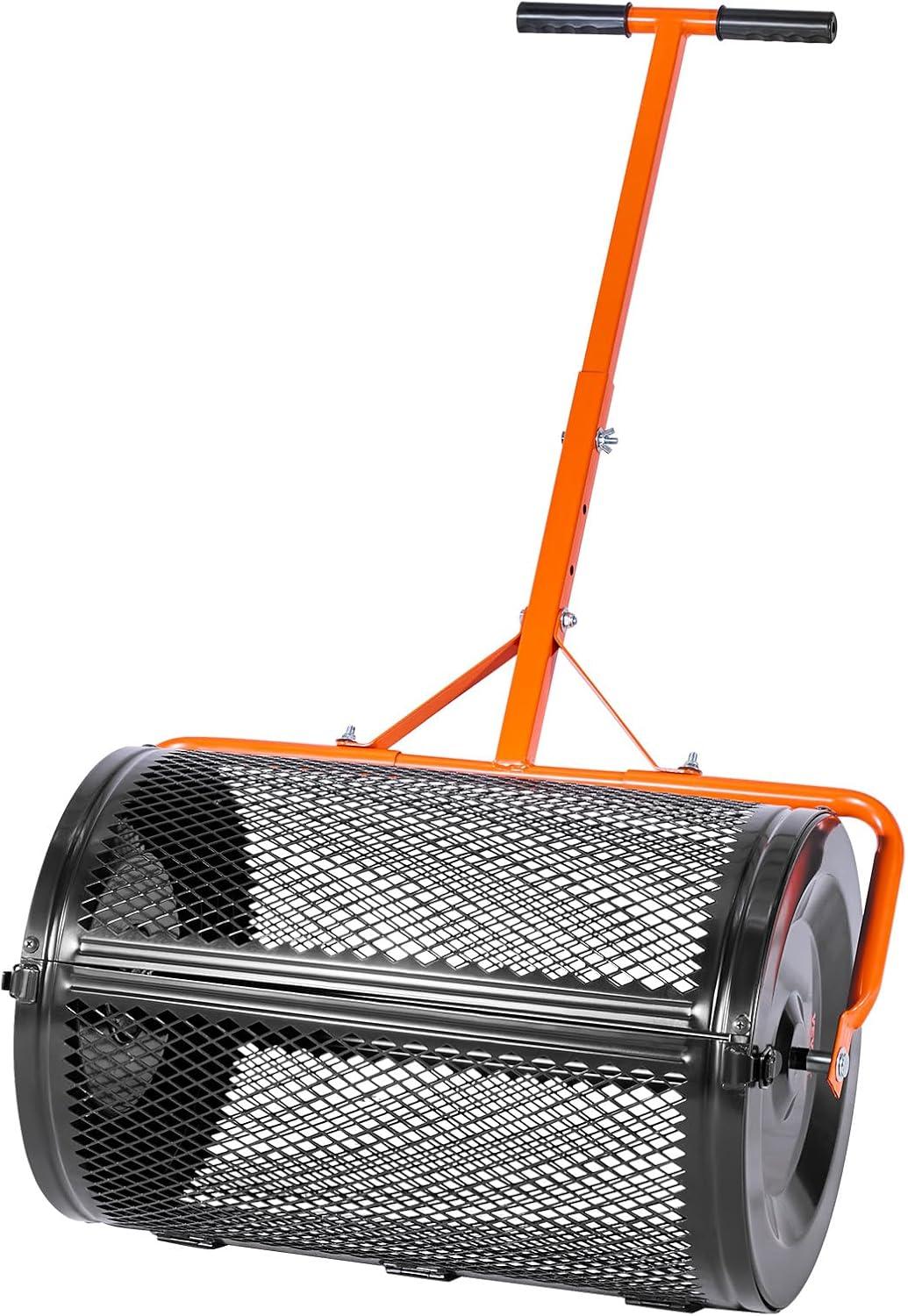 imageVEVOR Compost Spreader 244256quot Height Adjustable Handle 24quot Wide Lawn and Garden Peat Moss Roller with Side Latches Powder Coated Steel Mesh Basket for Spreading Manure Topsoil BlackBlack
