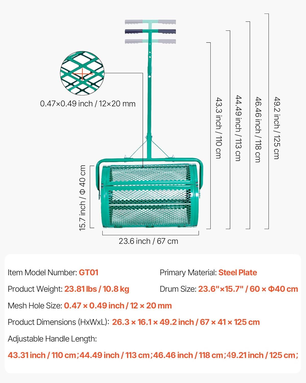 imageVEVOR Compost Spreader 244256quot Height Adjustable Handle 24quot Wide Lawn and Garden Peat Moss Roller with Side Latches Powder Coated Steel Mesh Basket for Spreading Manure Topsoil BlackGreen