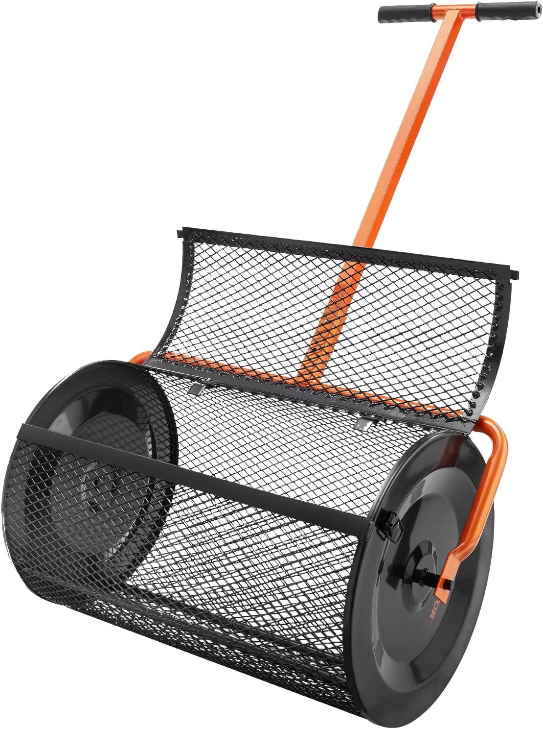 imageVEVOR Compost Spreader 244256quot Height Adjustable Handle 24quot Wide Lawn and Garden Peat Moss Roller with Side Latches Powder Coated Steel Mesh Basket for Spreading Manure Topsoil BlackBlack